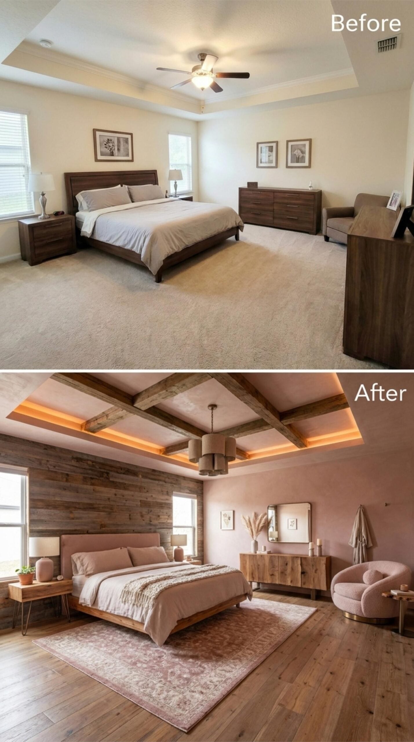 Reclaimed Wood Beams, Cove Lighting, and a Blush Palette That Actually Works
