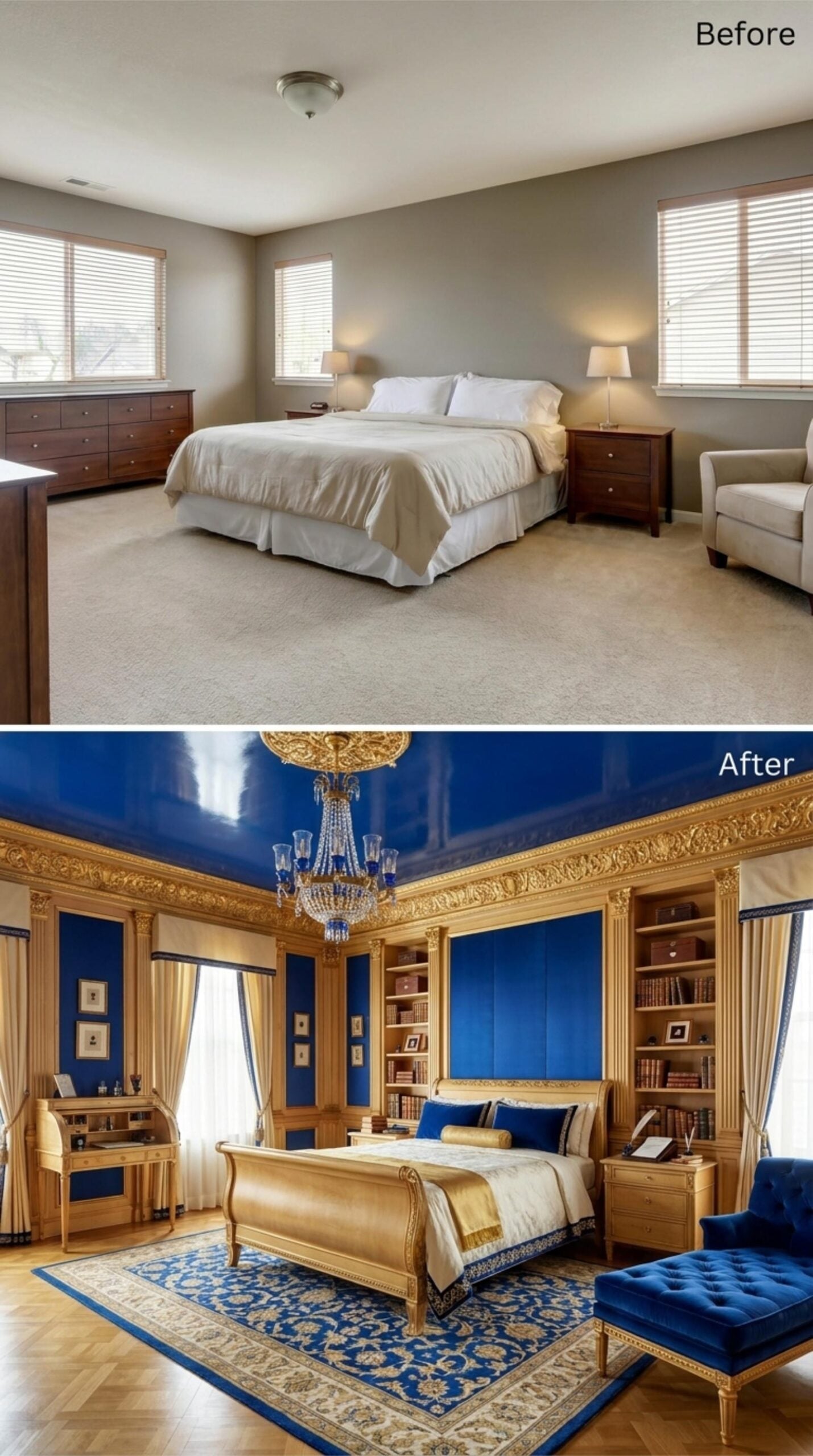 Royal Blue Lacquered Ceiling, Gold Carved Sleigh Bed, and Crystal Chandelier That Means Business