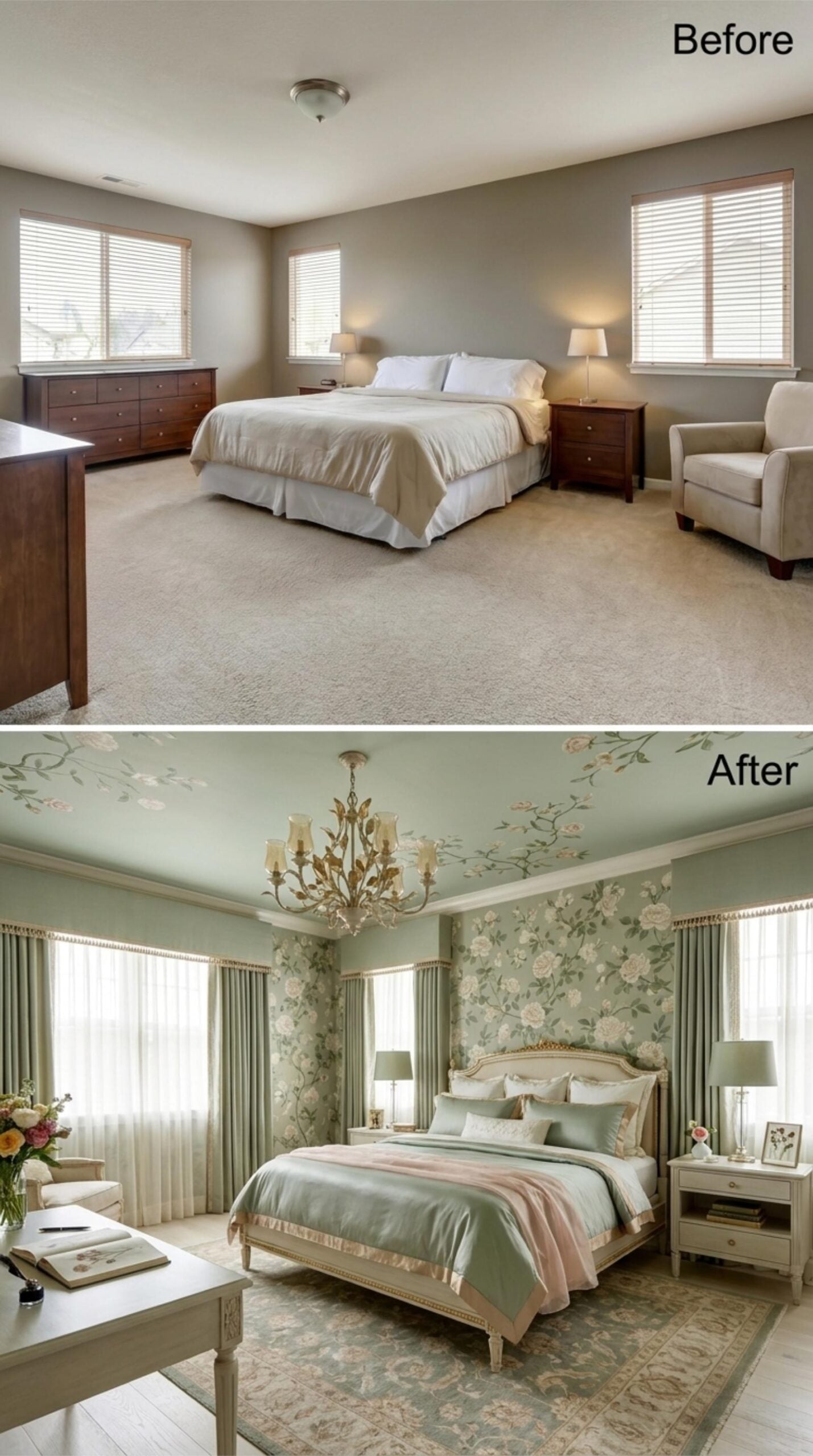 Sage Green Walls, a Floral Ceiling Mural, and a Chandelier That Belongs in a Garden