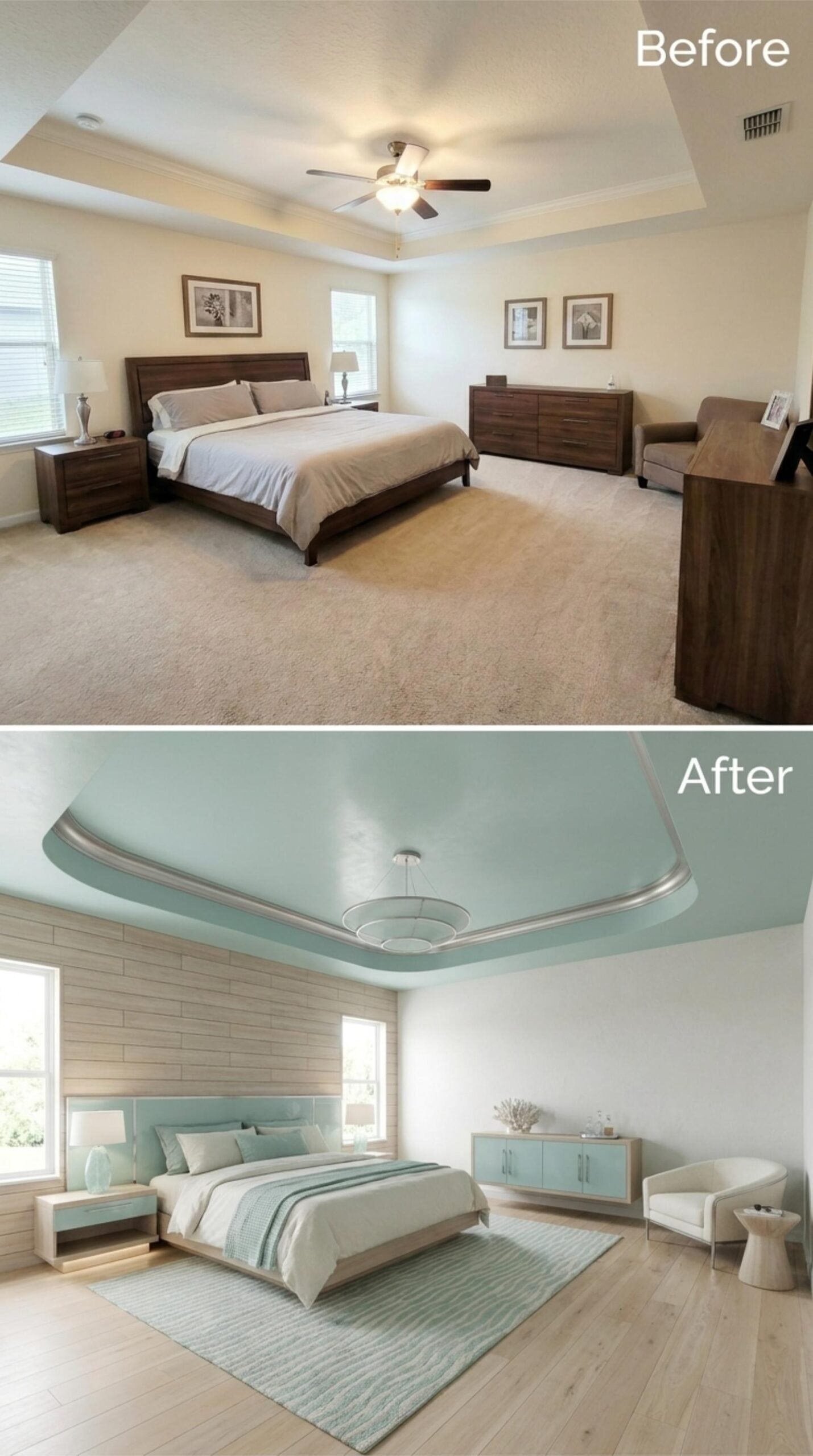 Seafoam Tray Ceiling, Silver Molding, and a Coastal Palette Done Without the Kitsch