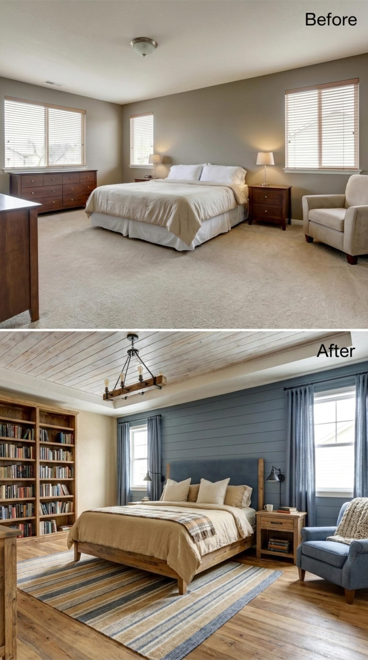 Shiplap Accent Wall, Whitewashed Plank Ceiling, and a Built-In Library That Actually Gets Used