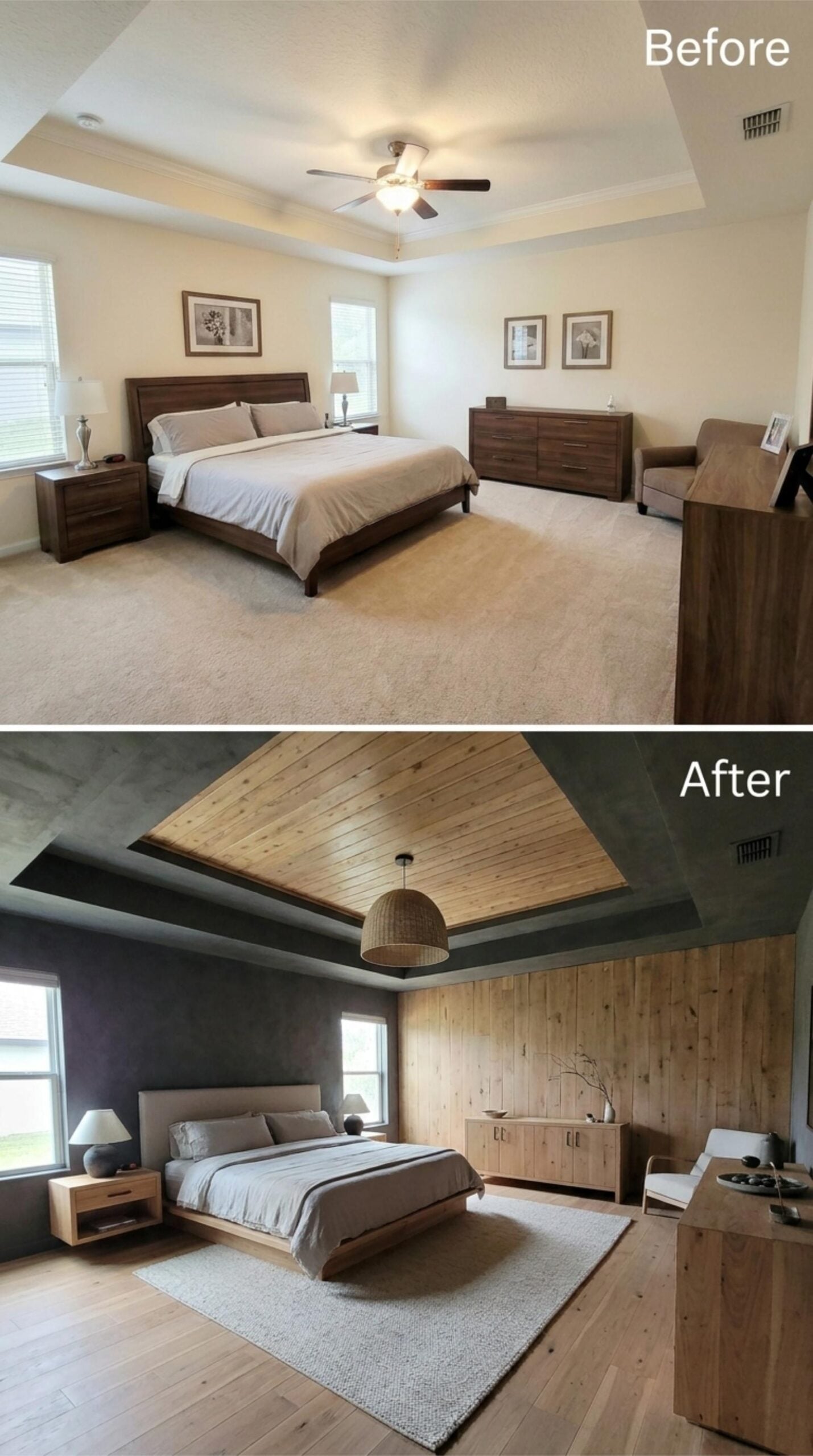Shiplap Tray Ceiling, Charcoal Plaster Walls, and Light Wood That Actually Earns the Drama