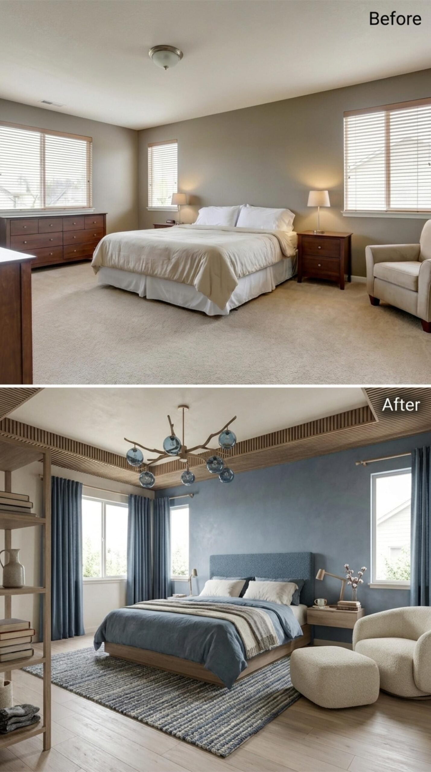 Slate Blue Walls, a Branch Chandelier with Glass Globes, and Wood Slat Ceiling That Anchors It