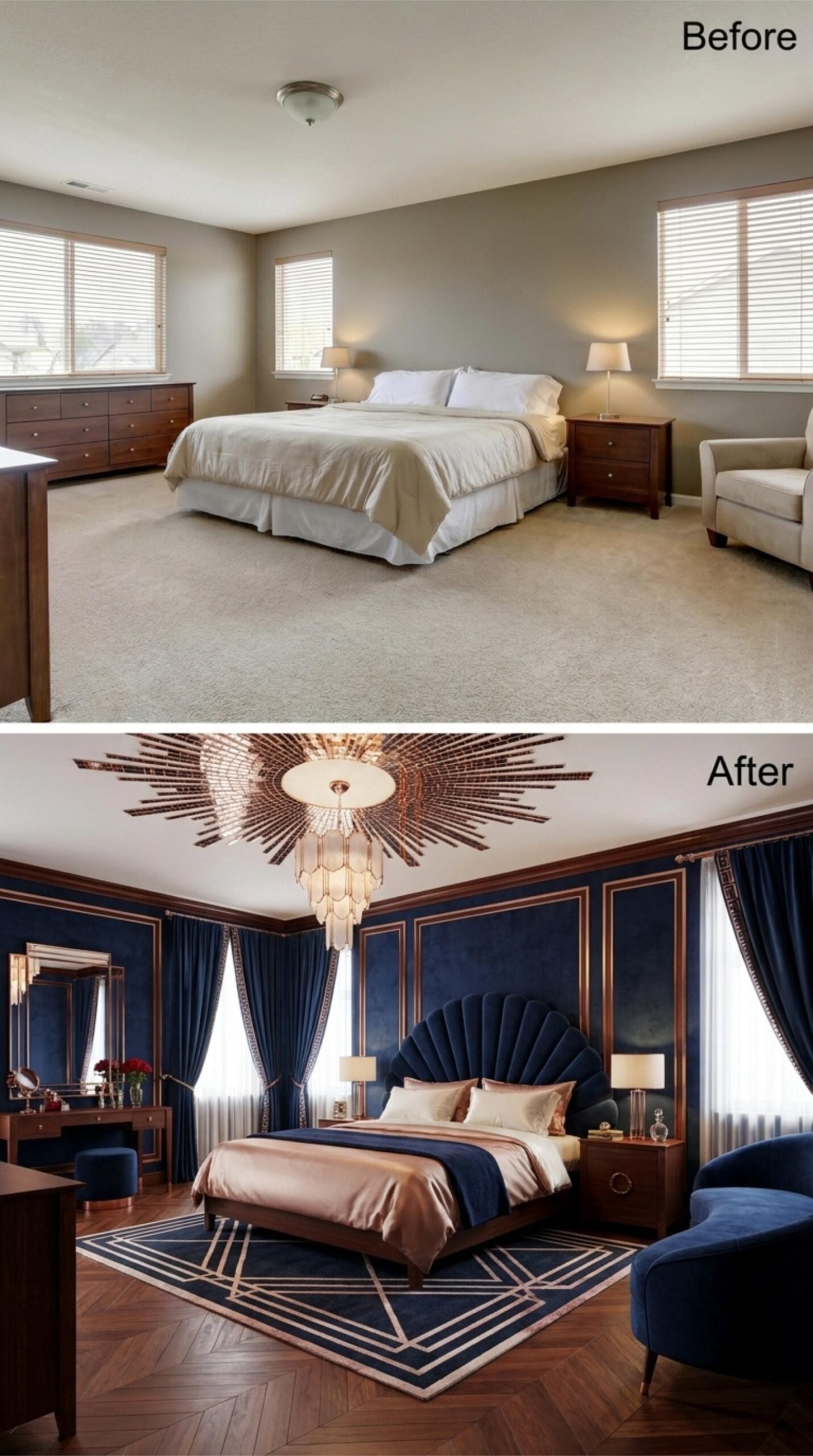 Sunburst Ceiling, Navy Velvet Panels, and a Headboard Shaped Like a Fan