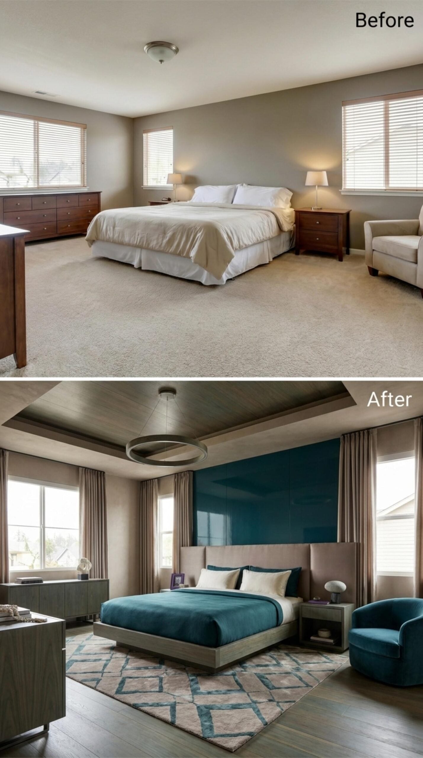 Teal Lacquered Accent Wall, Wood-Plank Tray Ceiling, and a Pendant That Earns Its Place