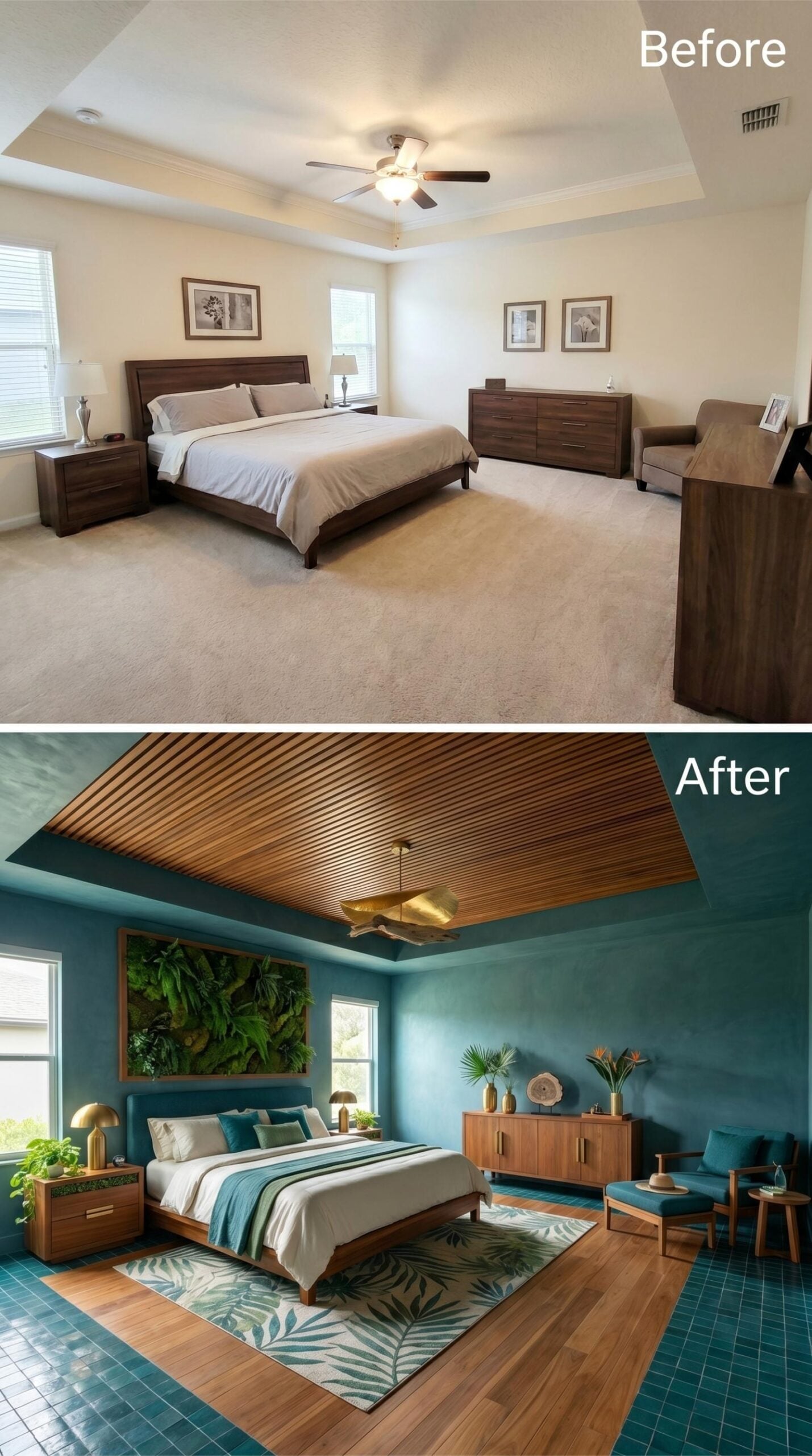 Teal Plaster Walls, Slatted Teak Ceiling, and a Living Wall That Earns Its Place