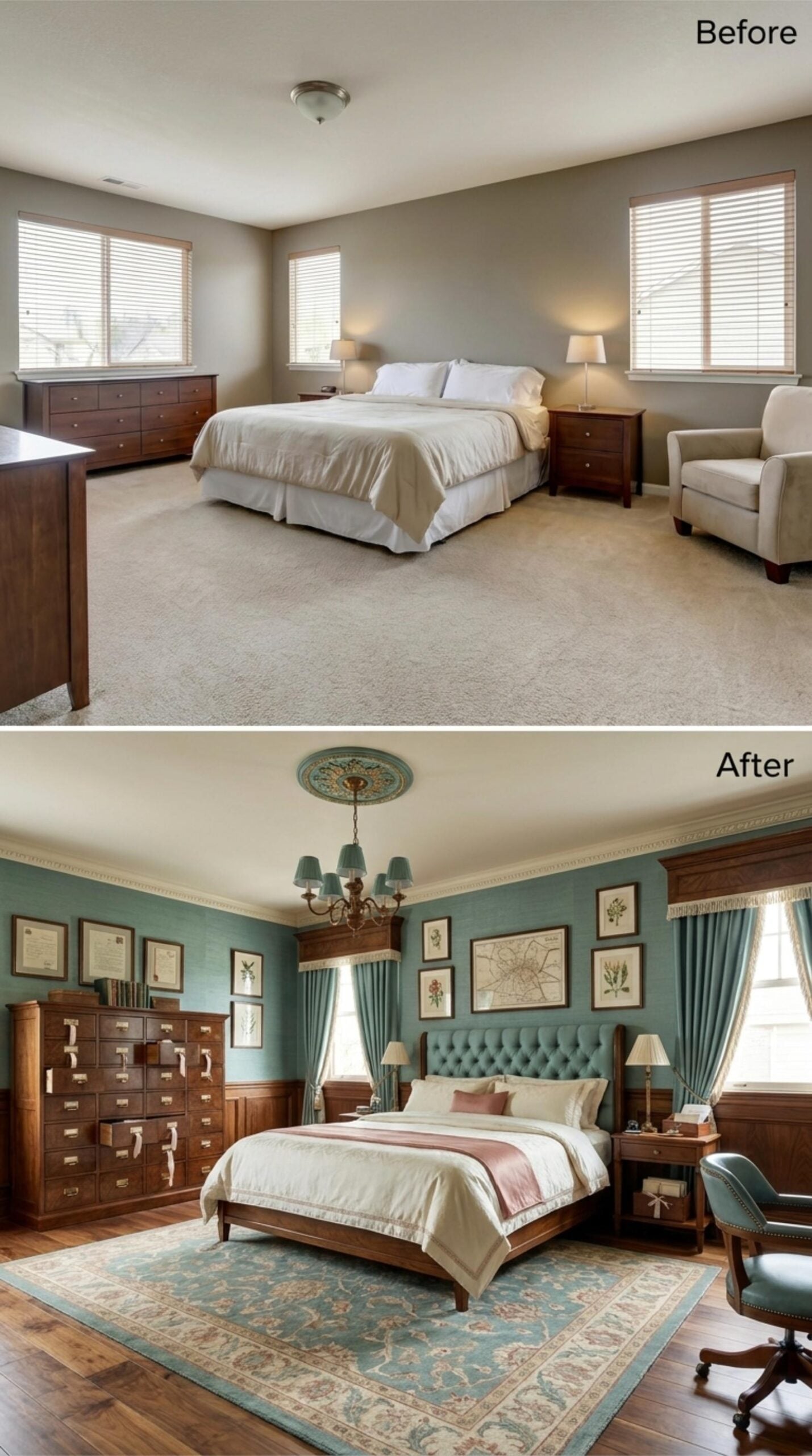 Teal Walls, a Carved Medallion Ceiling, and Dark Walnut That Does All the Heavy Lifting