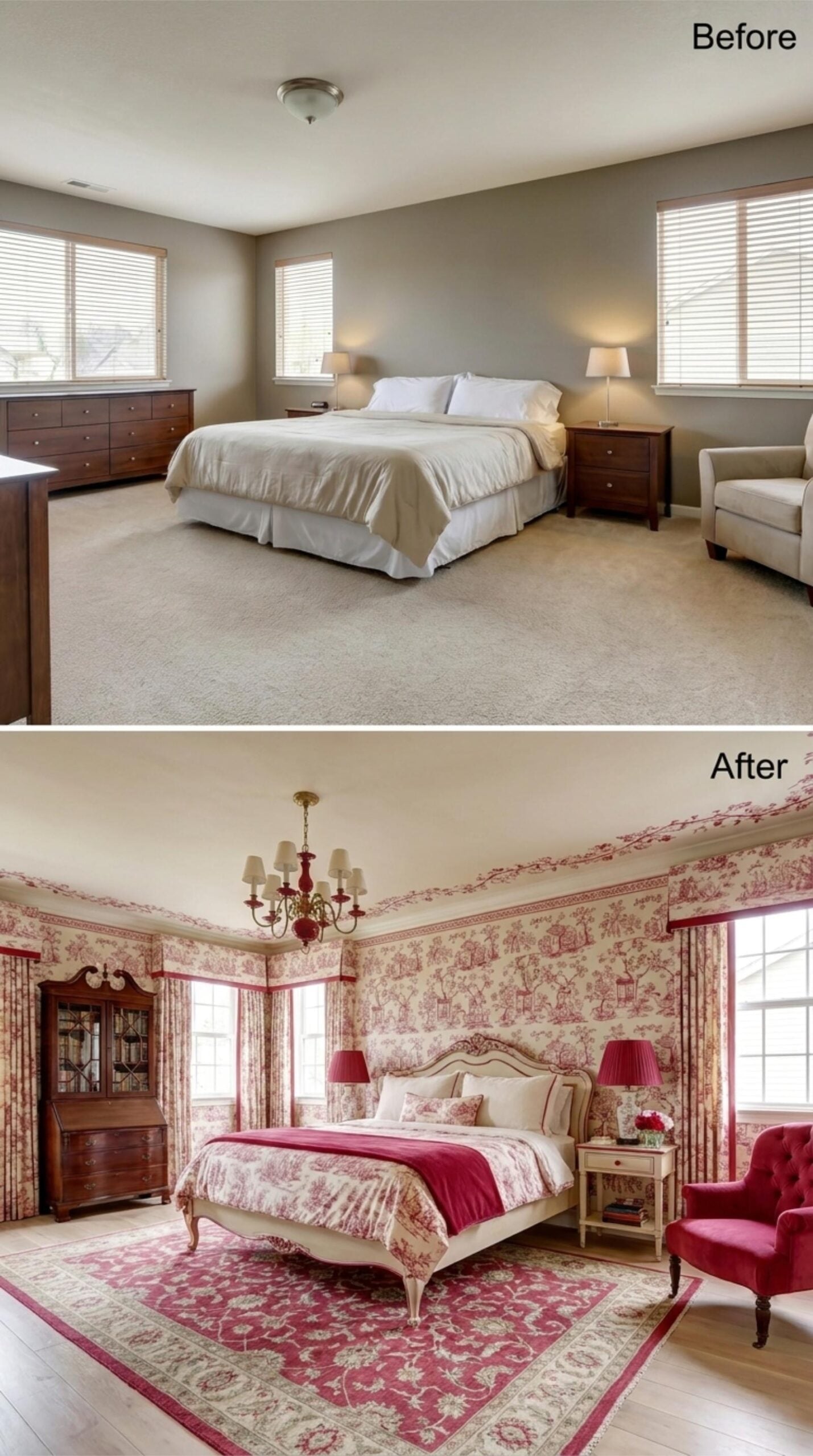 Toile de Jouy Wallpaper, a Brass Chandelier, and Red That Refuses to Stay Subtle