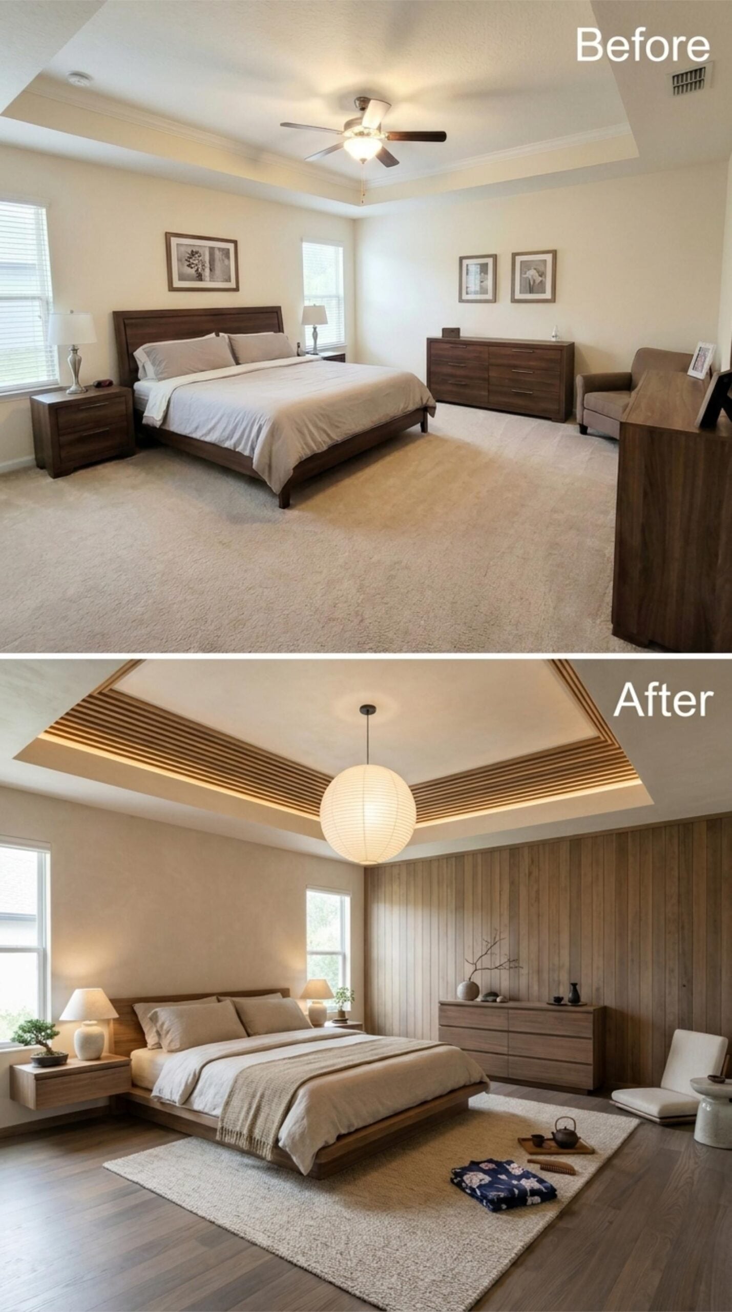 Tray Ceiling, Wood Slat Detail, and a Paper Pendant That Resets the Whole Mood