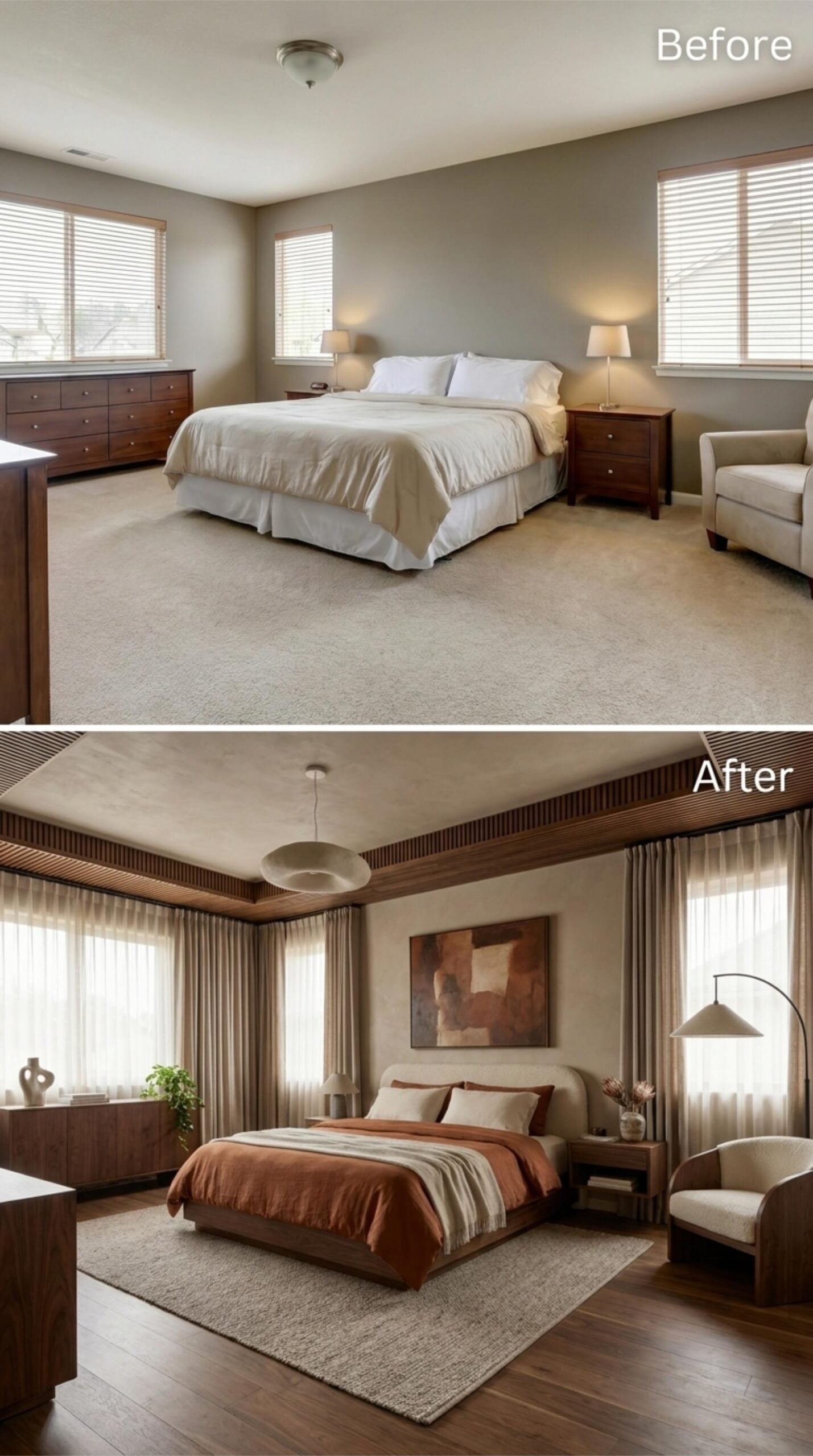 Walnut Ceiling Trim, Rust Linen Bedding, and Plaster Walls That Do the Heavy Lifting