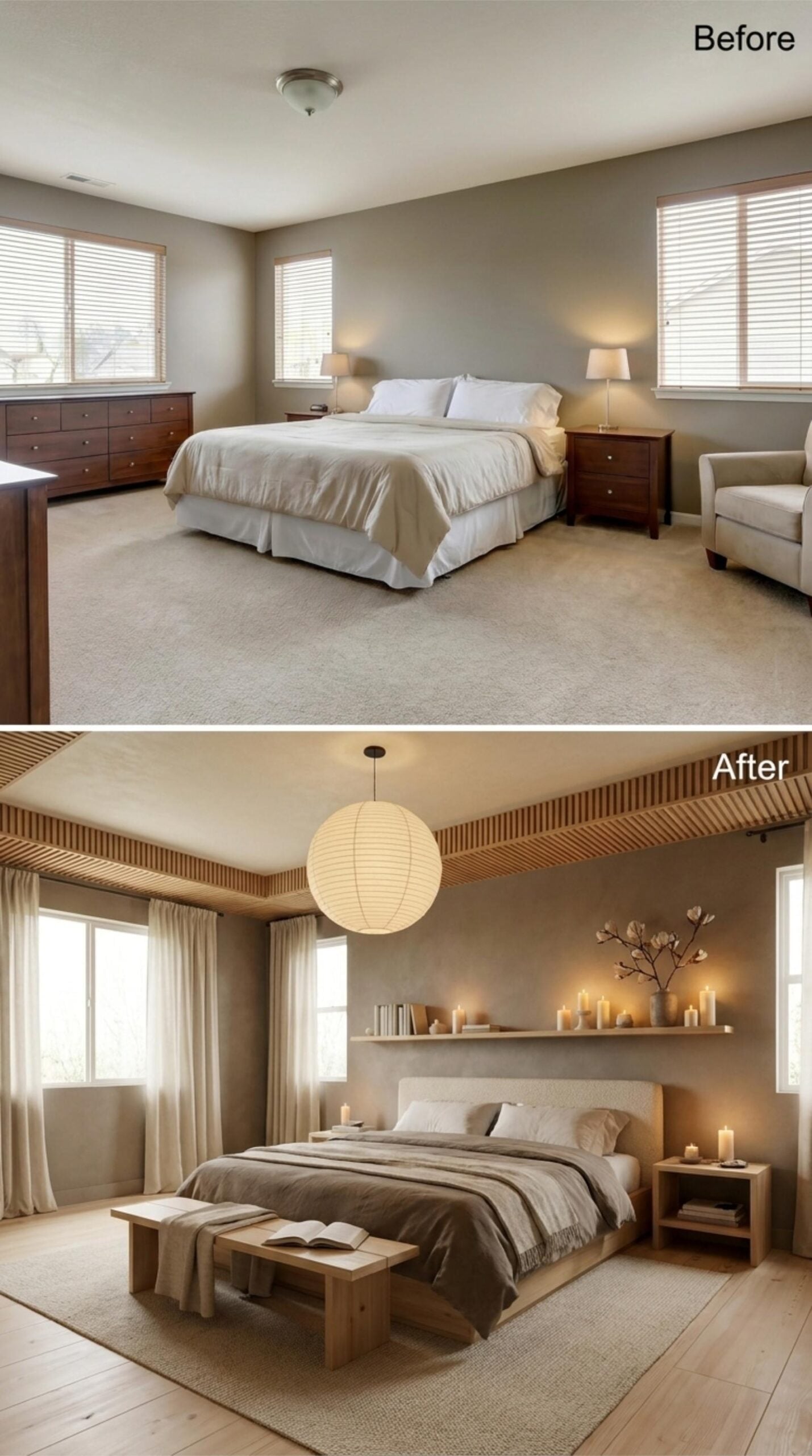 Warm Plaster Walls, a Paper Lantern Pendant, and Wood Slat Ceiling Trim That Frames Everything