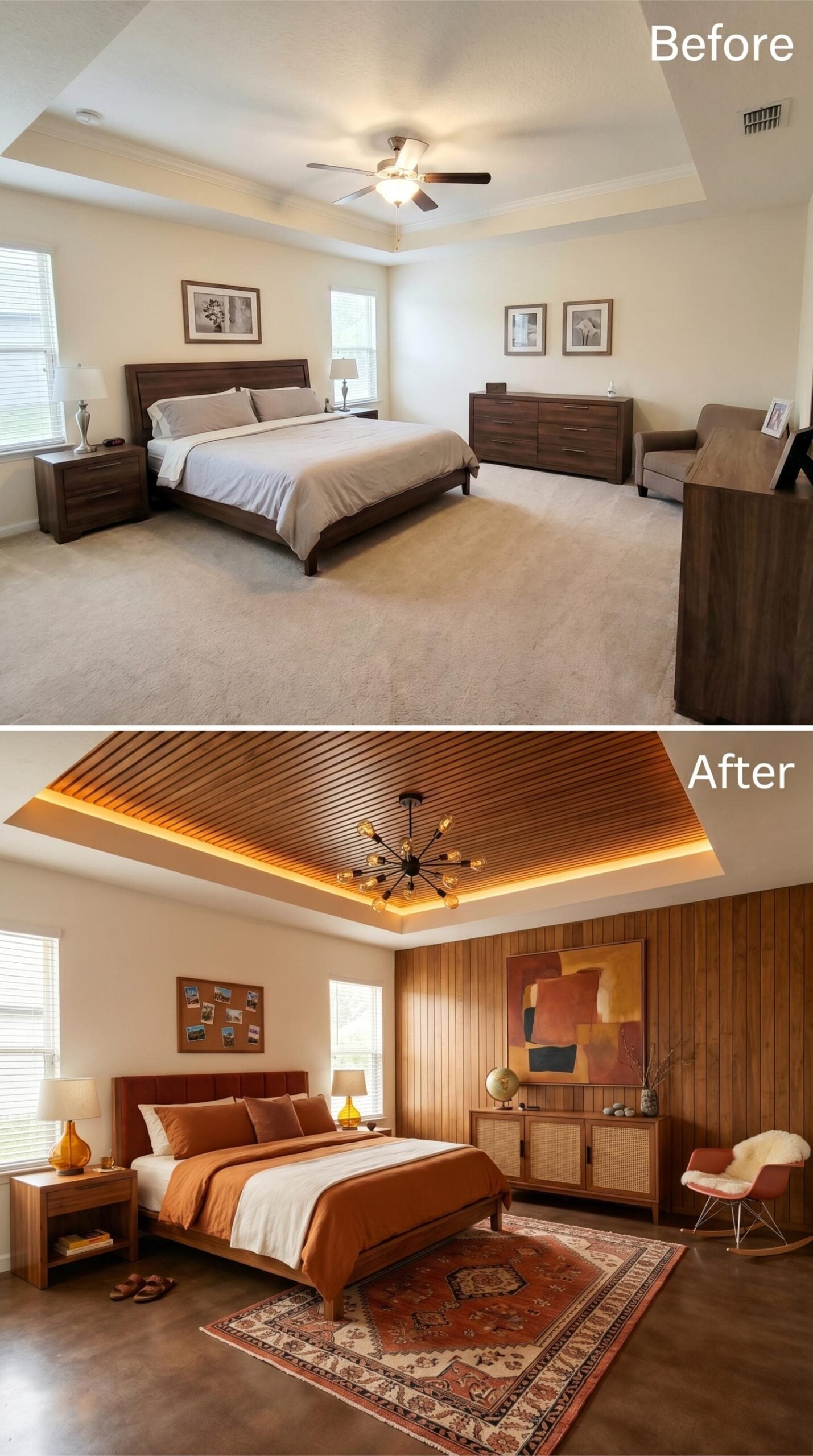 Wood Slat Ceiling, Sputnik Chandelier, and Rust Bedding That Feels Like a Resort Suite
