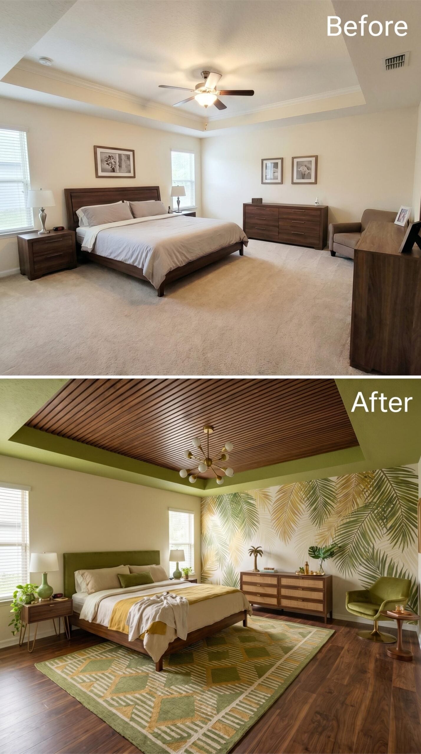 Wood Slat Tray Ceiling, Olive Green Walls, and a Palm Wallpaper That Commits