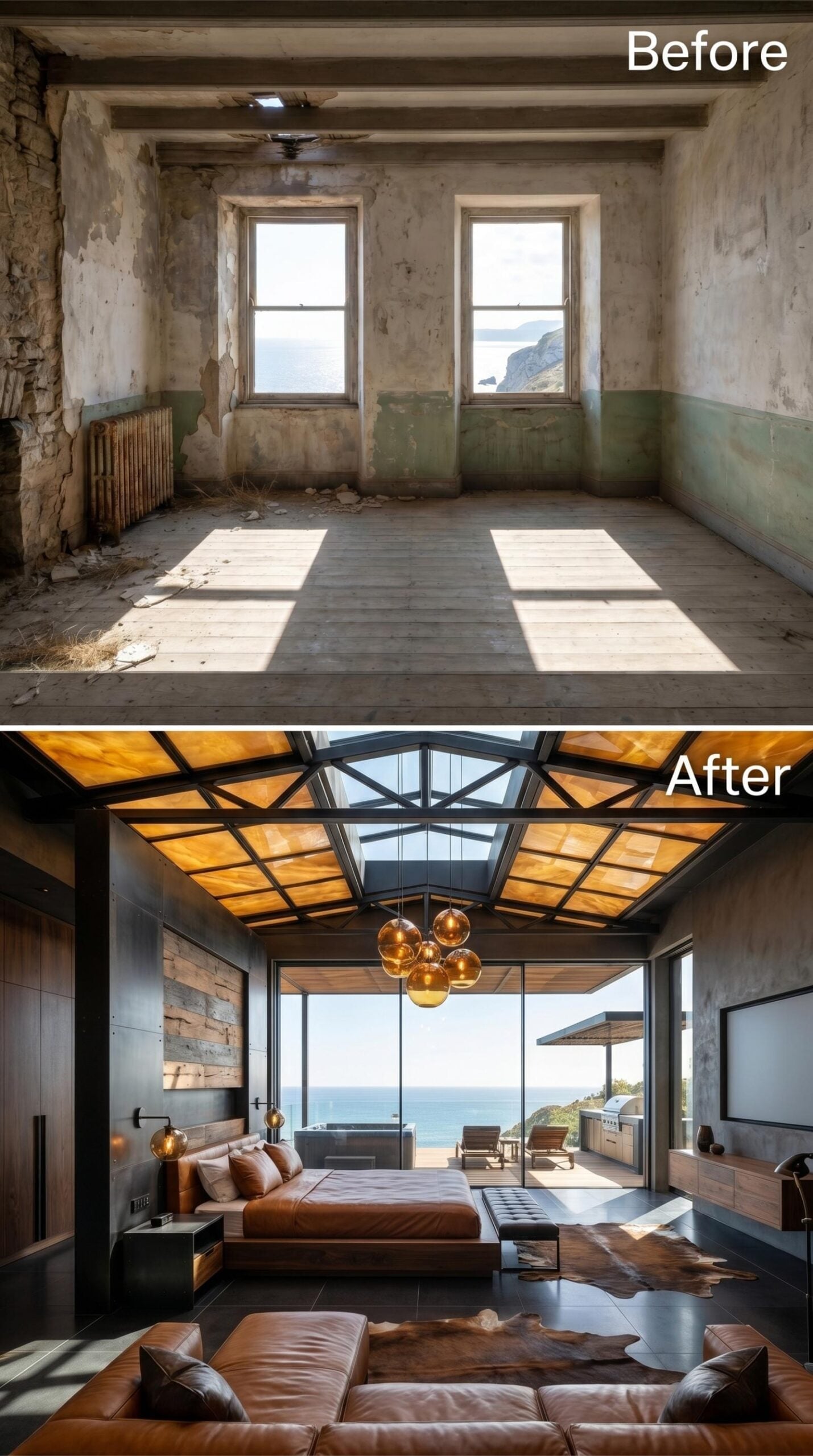 Amber Glass Ceiling, Pendant Cluster, and Leather That Pulls the Whole Room Together