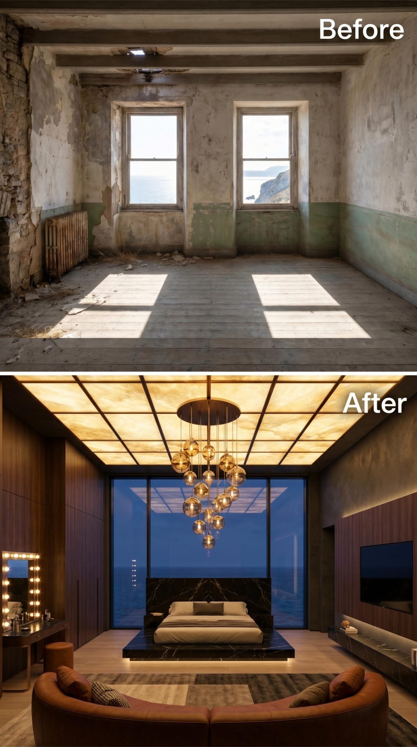 Backlit Alabaster Grid, Globe Pendant Cluster, and Floor-to-Ceiling Glass Over Open Water