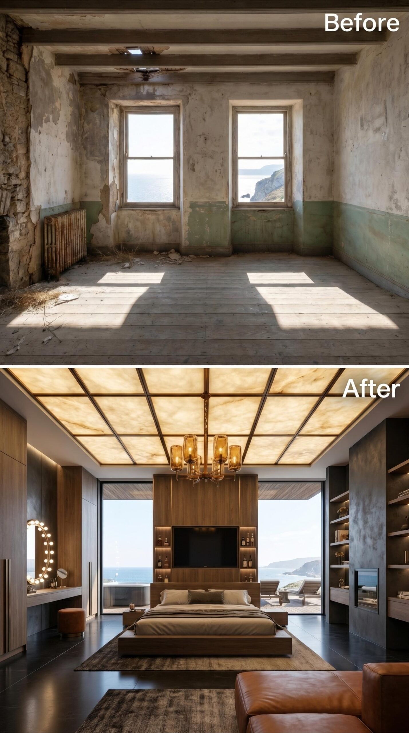 Backlit Onyx Grid Ceiling, Walnut Wall Panel, and a Chandelier That Anchors Everything