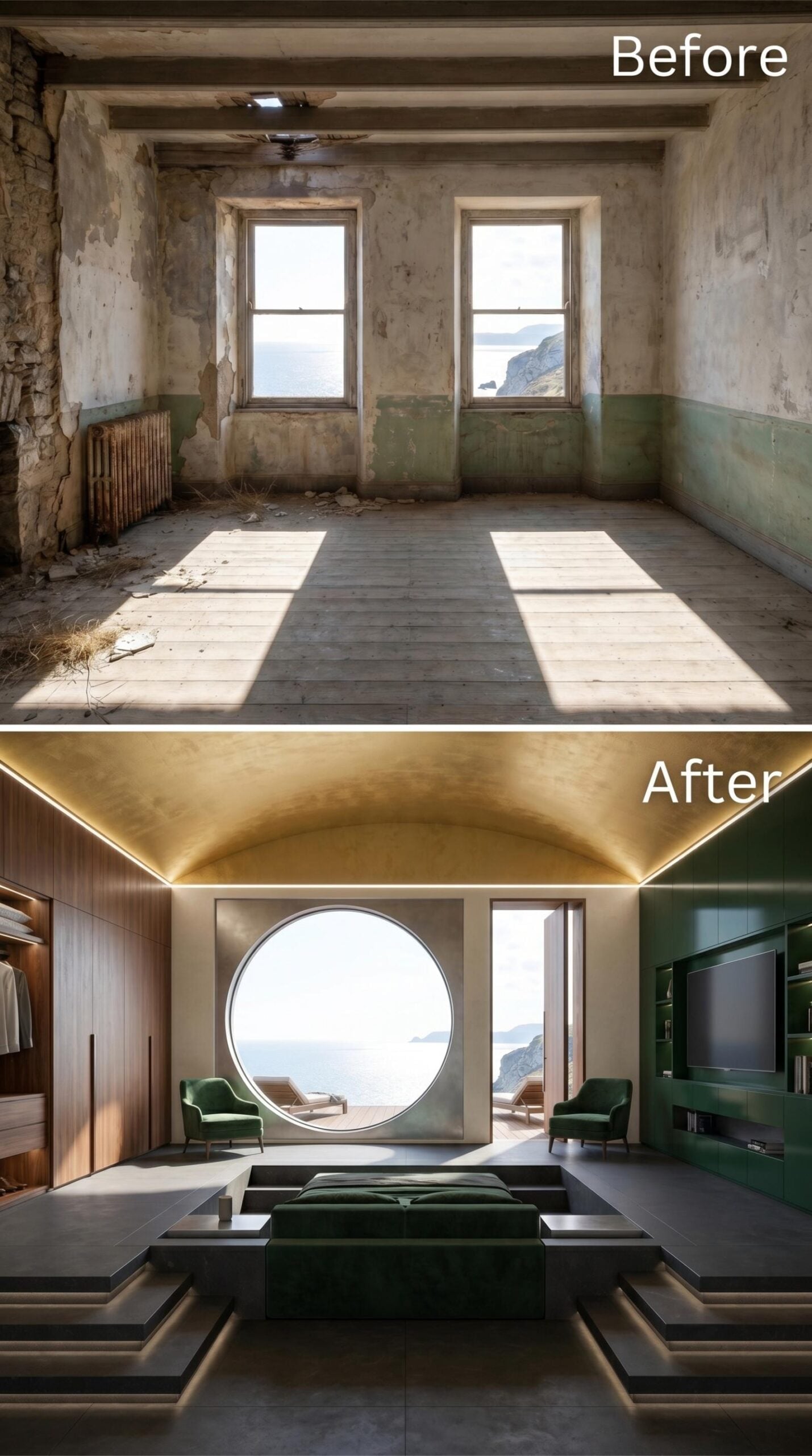 Barrel Vault with Cove Lighting, Circular Ocean Window, and Green Velvet That Earns the Drama