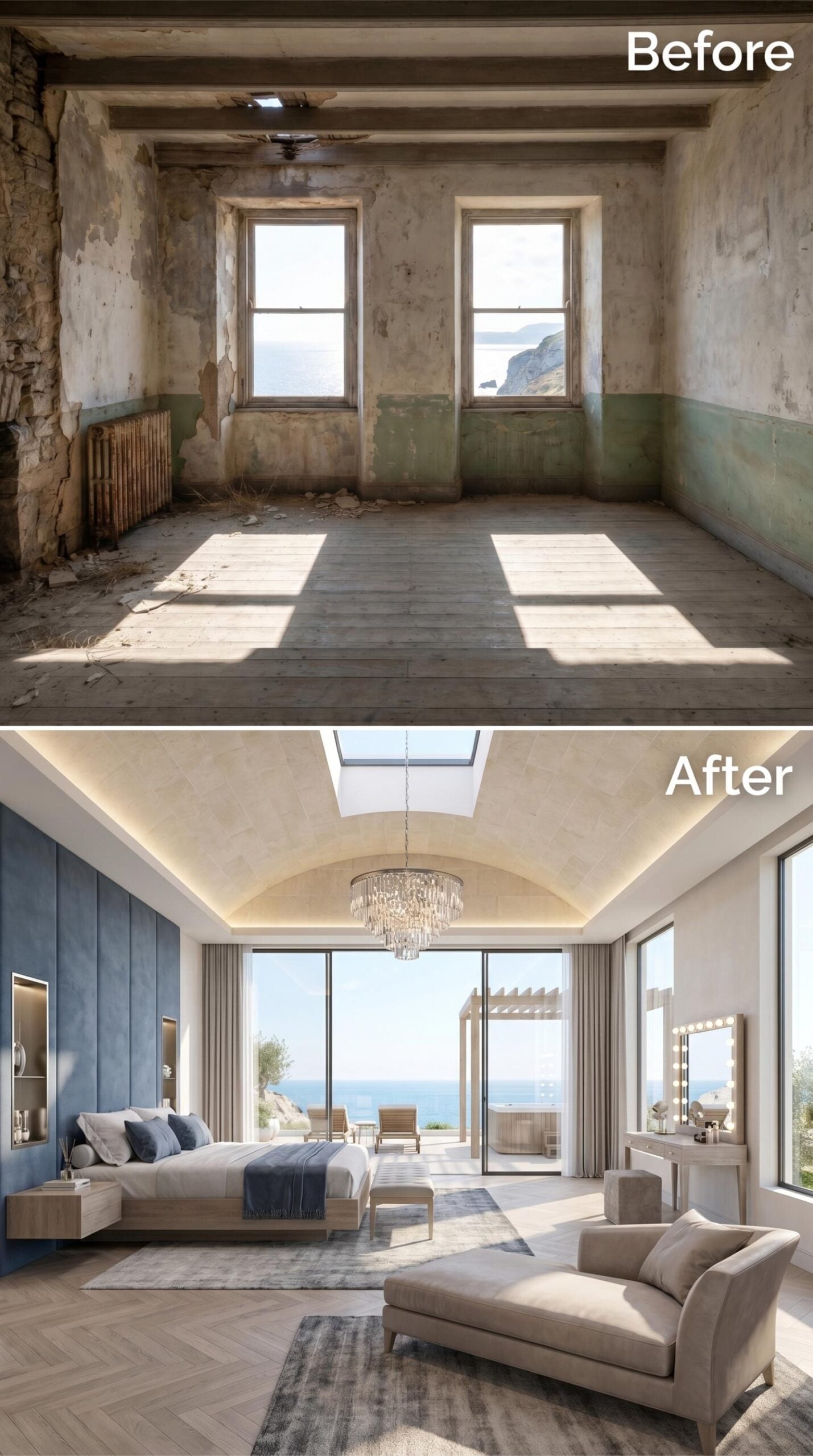 Barrel-Vaulted Skylight, Crystal Chandelier, and Blue Velvet Pulling the Whole Room Together