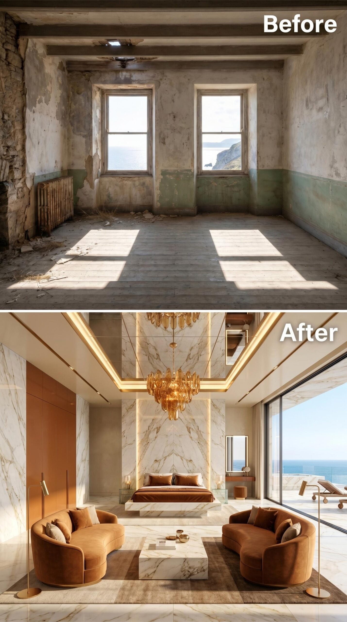 Calacatta Marble Wall-to-Ceiling, a Chandelier Worth Staring At, and Cognac Velvet Doing the Work