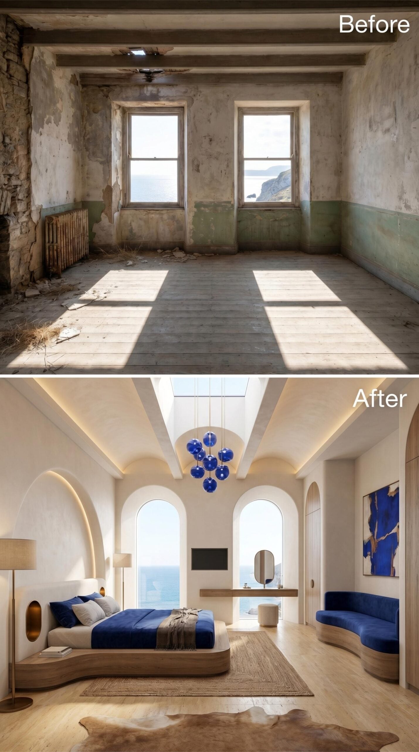 Cobalt Globe Pendants, Arched Ocean Windows, and Plastered Vaults That Earn the View