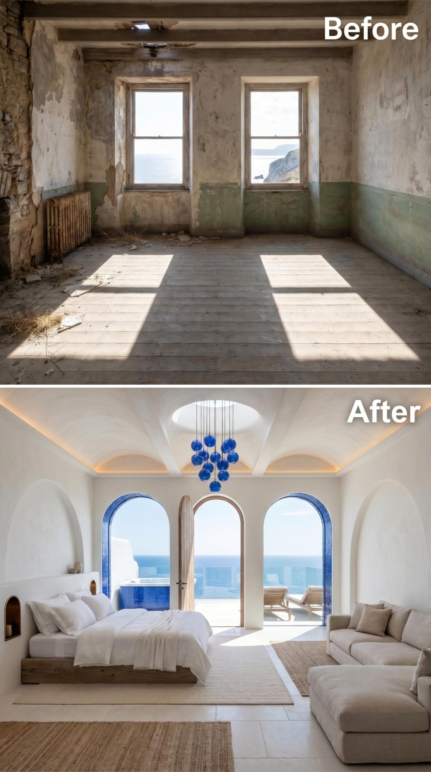 Cobalt Pendant Cluster, Arched Openings, and Whitewashed Plaster That Earns Every Square Foot