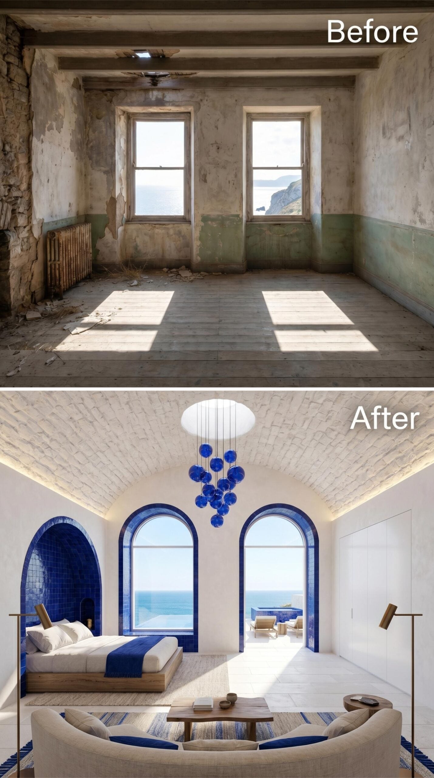 Cobalt Tile, Barrel Vault Ceiling, and Arched Windows Earning Every Inch of That Ocean View