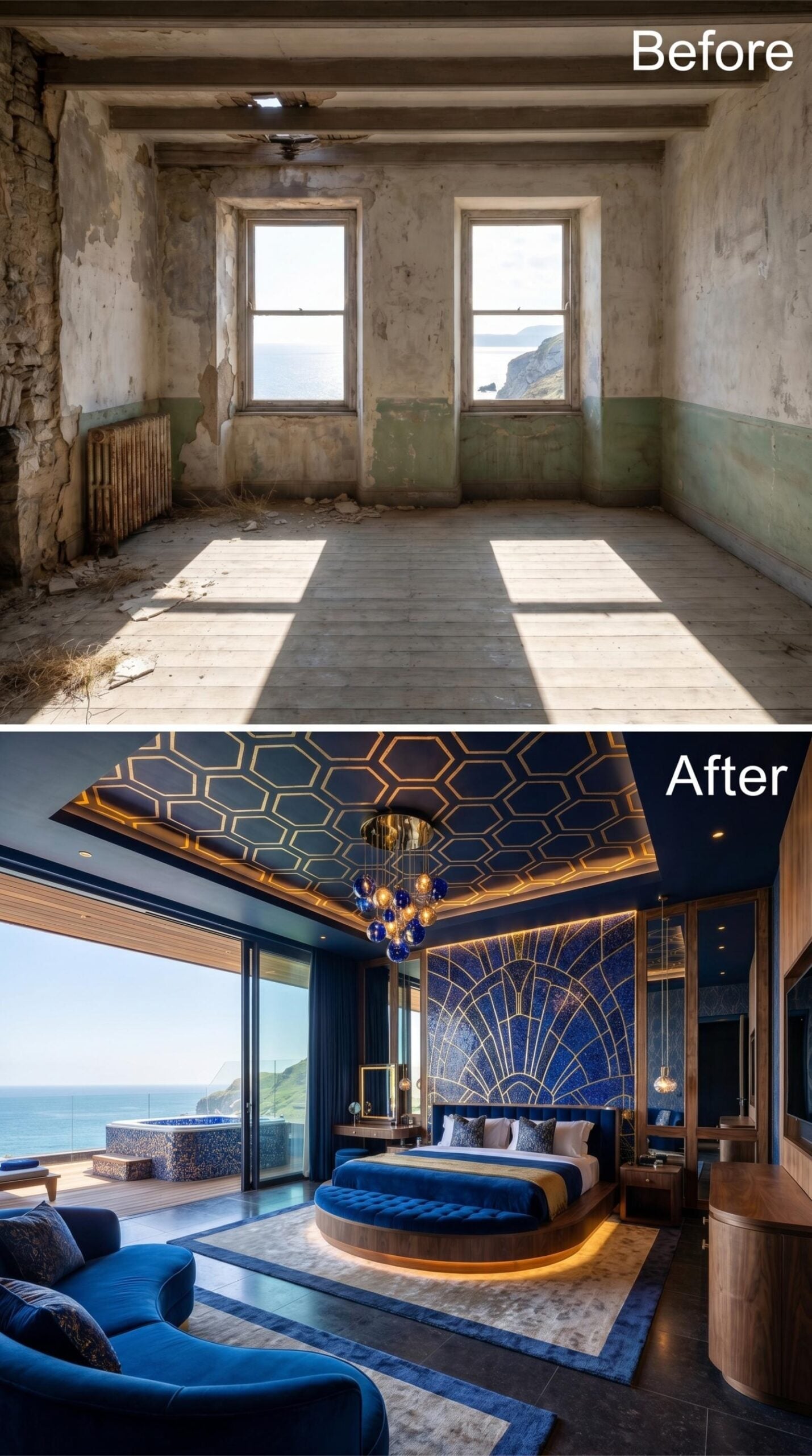Cobalt Velvet, Gold Geometry, and a Ceiling That Demands Attention