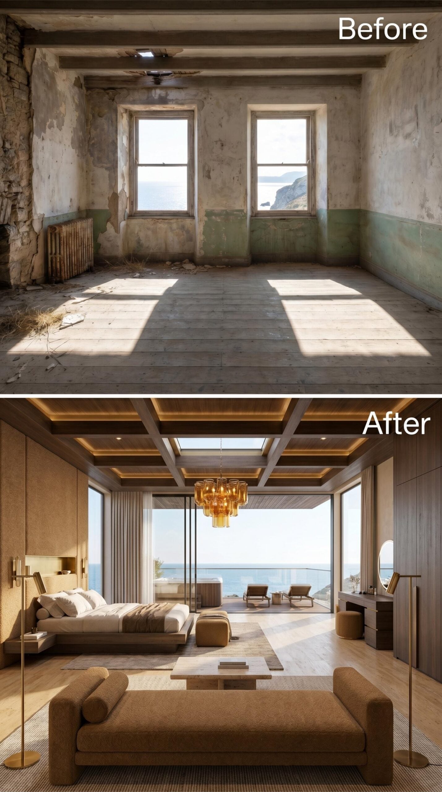 Coffered Ceiling, Amber Glass, and a View That Does All the Heavy Lifting