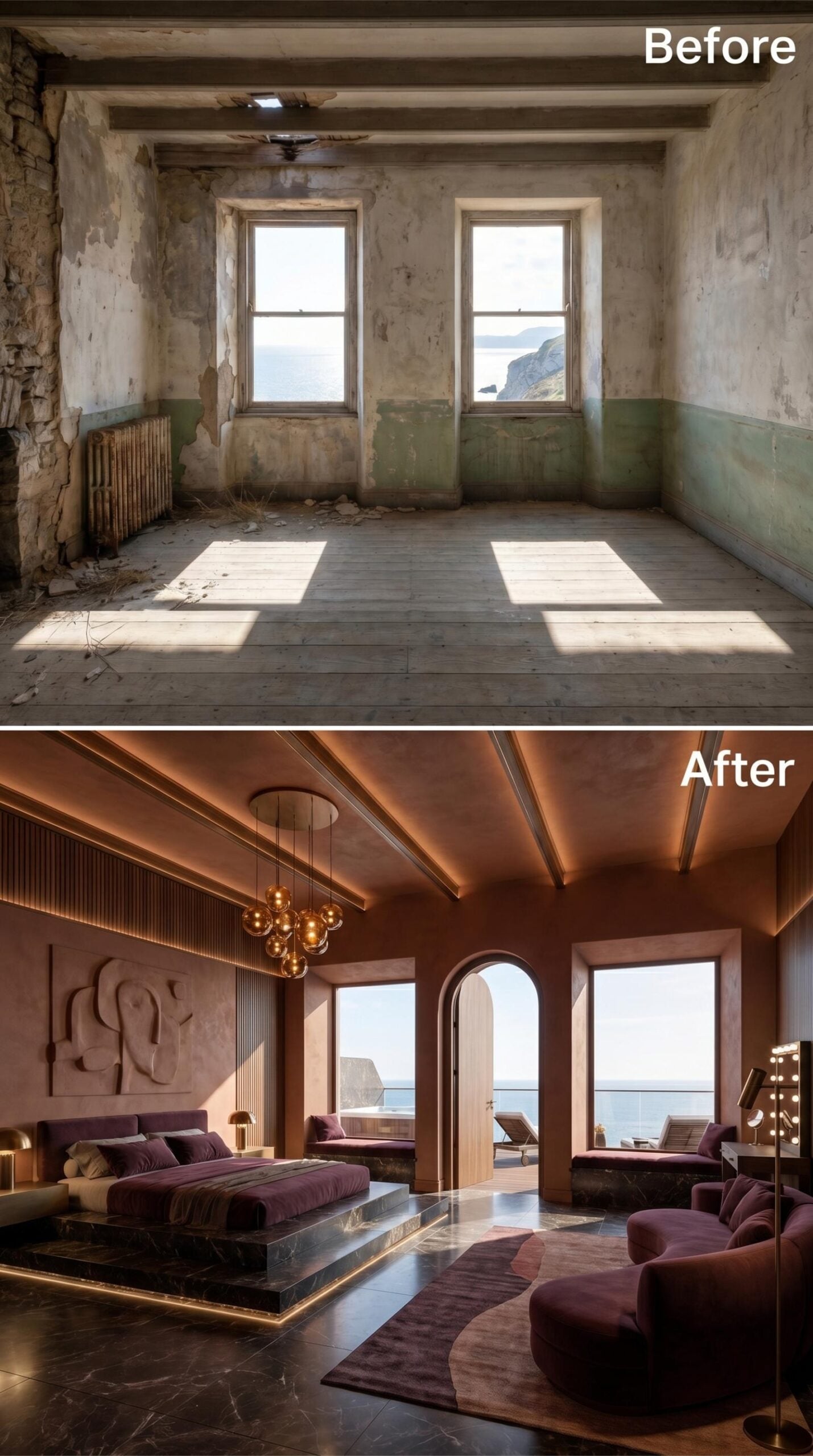 Cove-Lit Beams, Marble Platform, and Mauve Velvet Against a Cliff-Side View