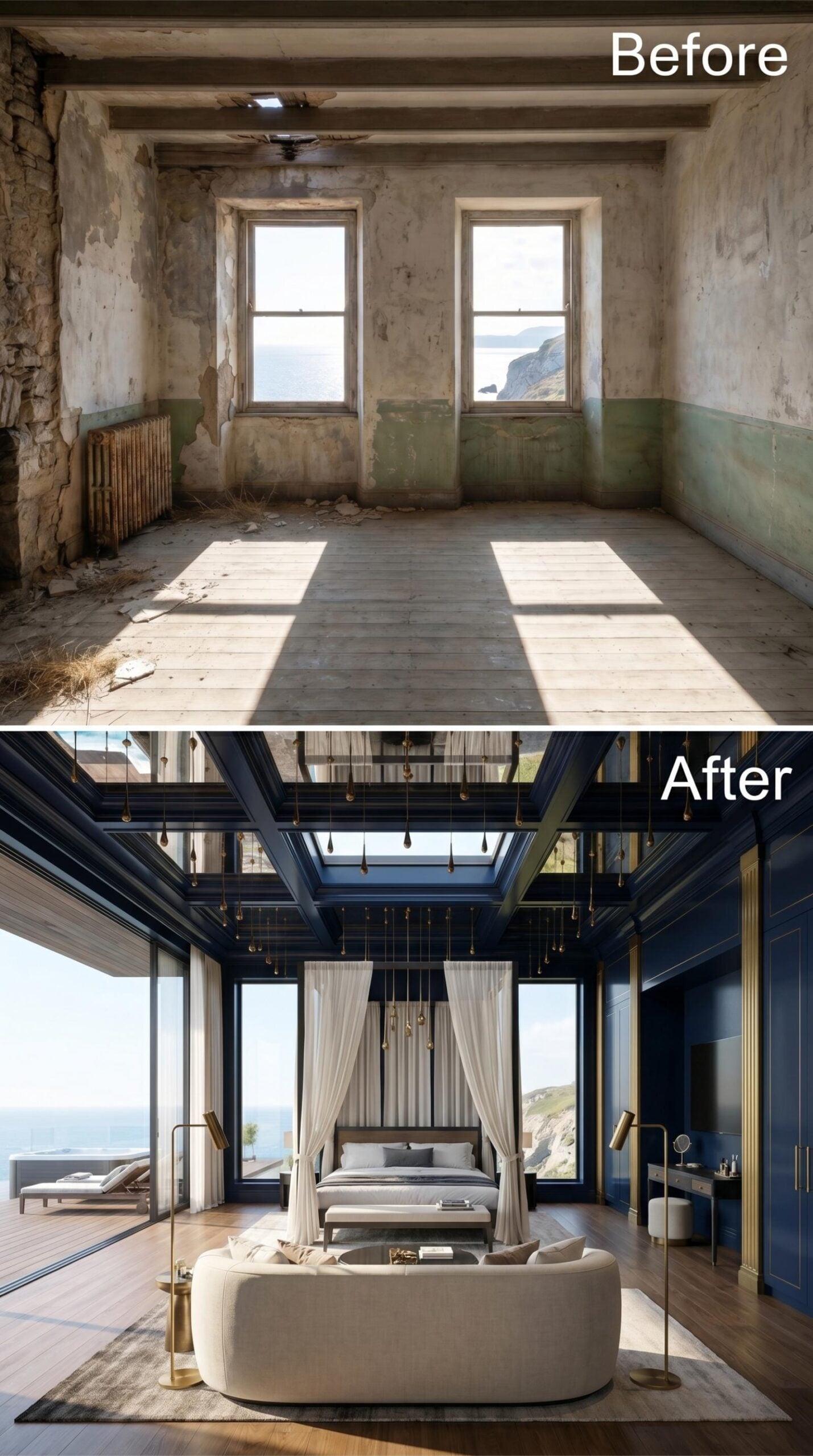 Navy Coffered Steel, Pendant Clusters, and Canopy Curtains Framing a Clifftop View