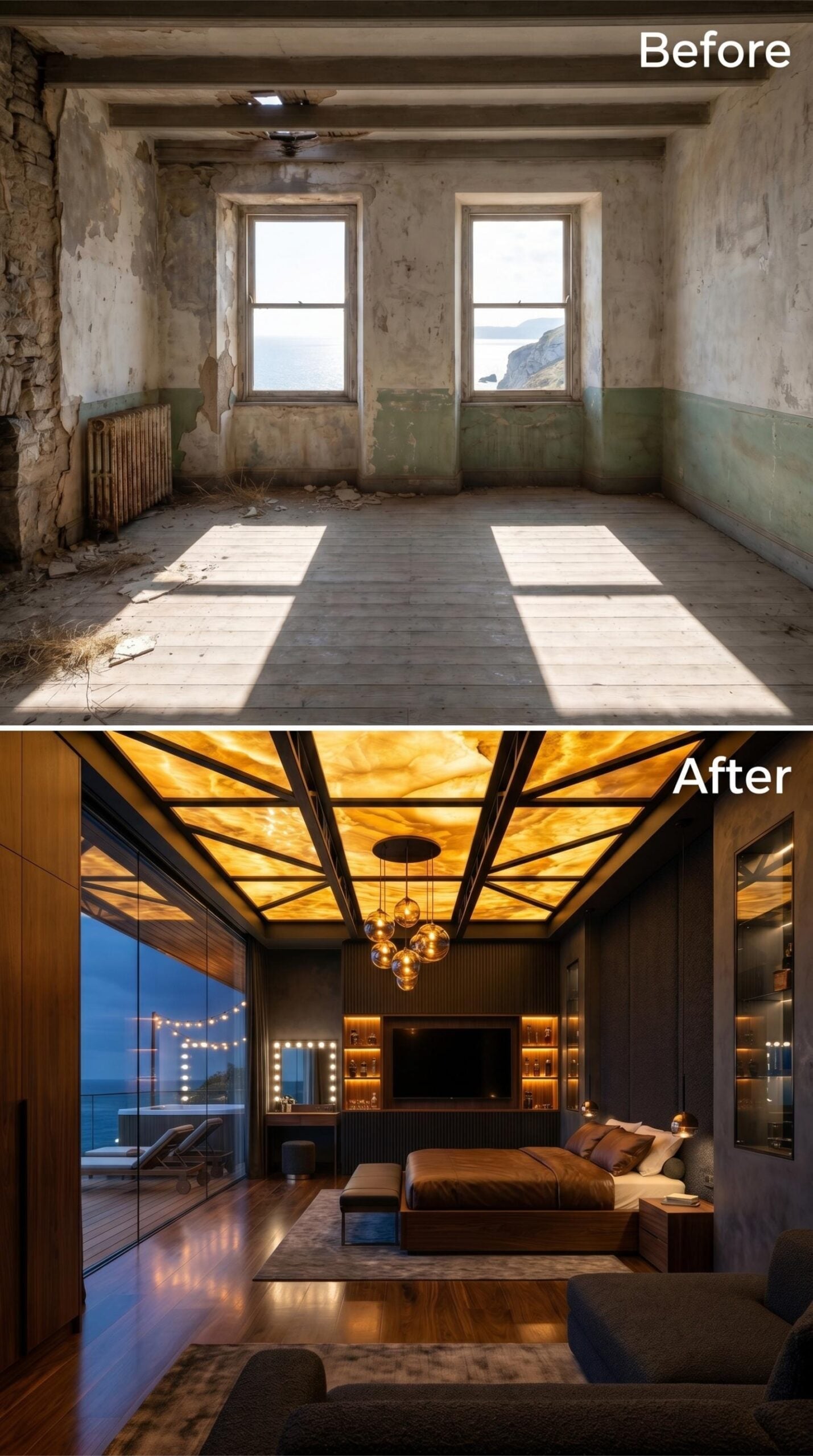 Onyx Ceiling, Pendant Cluster, and a Clifftop Bedroom That Owns the Night