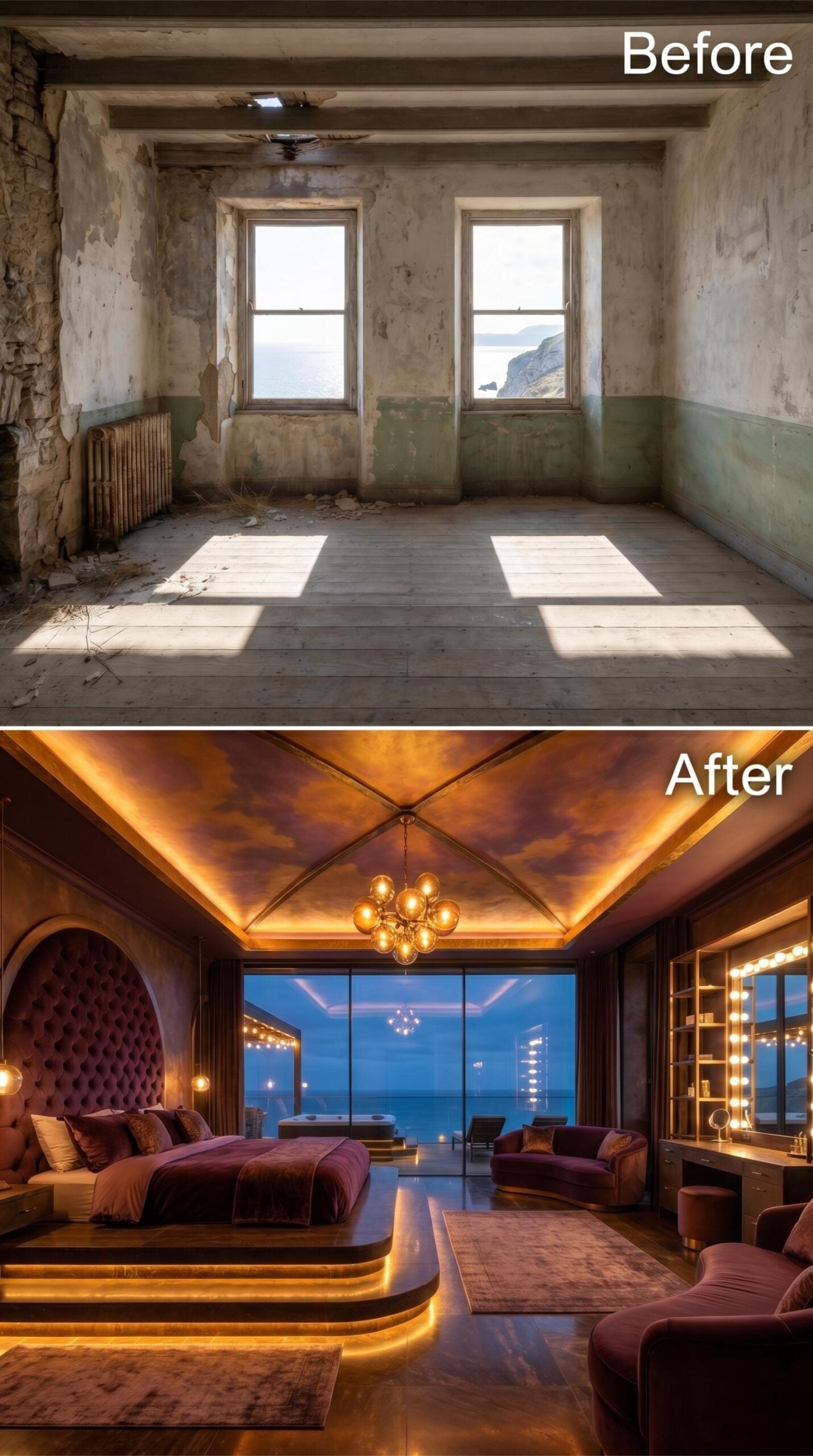 Painted Ceiling, Platform Bed with LED Base, and Velvet That Commands the Room