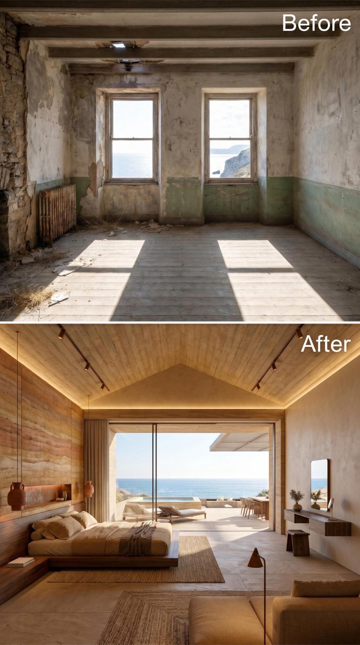 Rammed Earth Walls, Cathedral Wood Ceiling, and a Bedroom That Opens Straight to the Sea