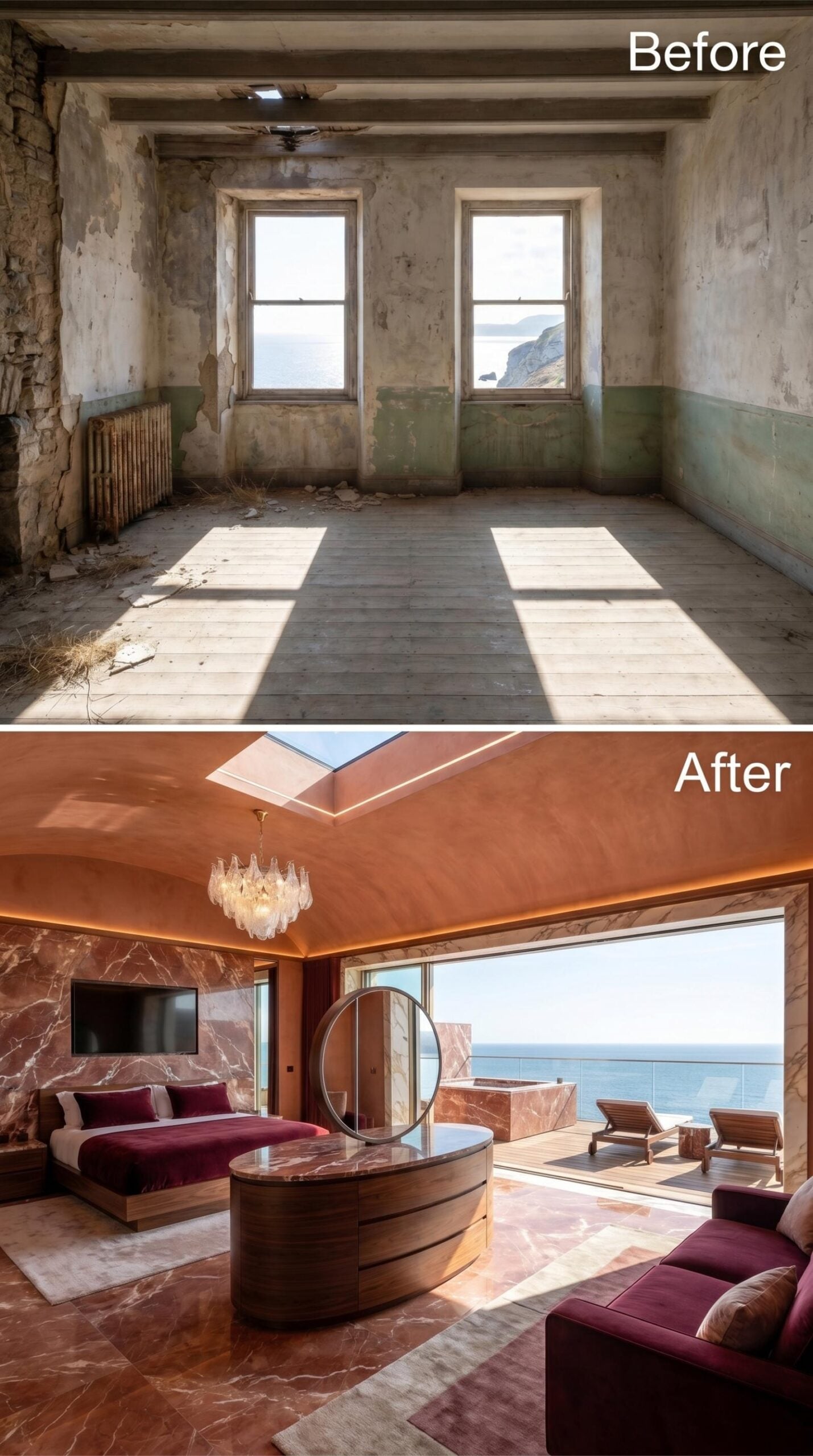 Rosé Marble Walls, a Skylight Cut Like a Wedge, and Velvet That Holds Its Own