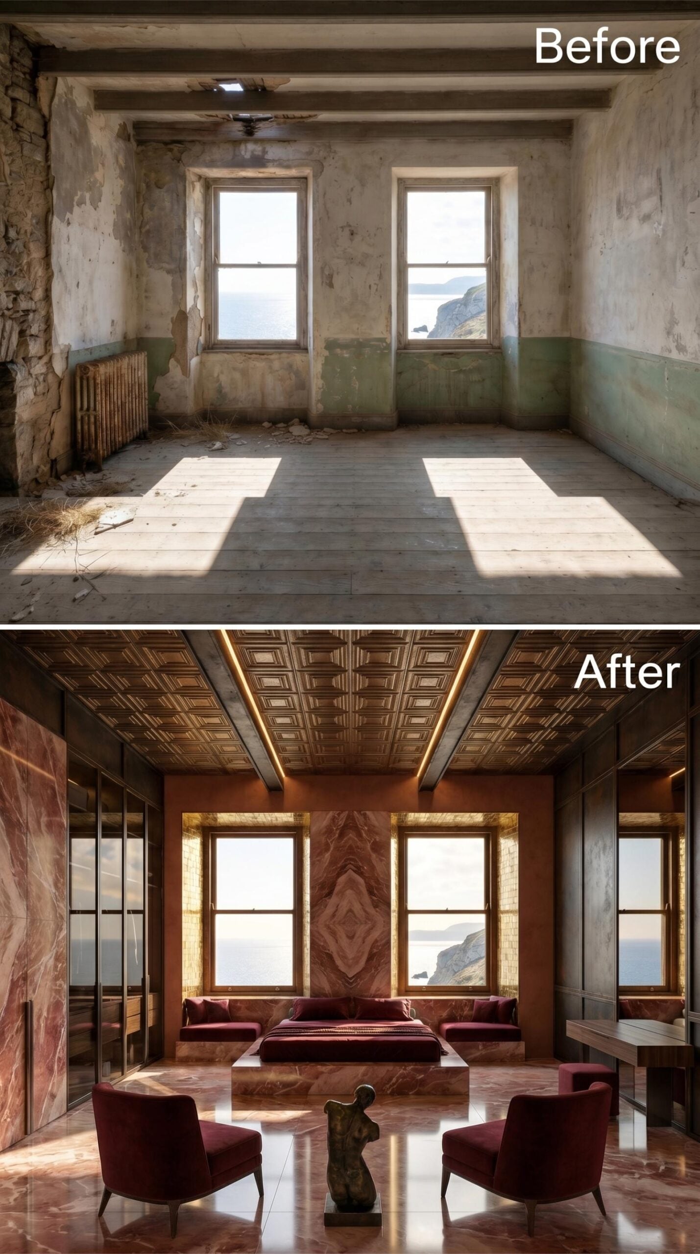 Rosso Levanto Marble, Coffered Tin, and a Clifftop Bedroom That Means Business