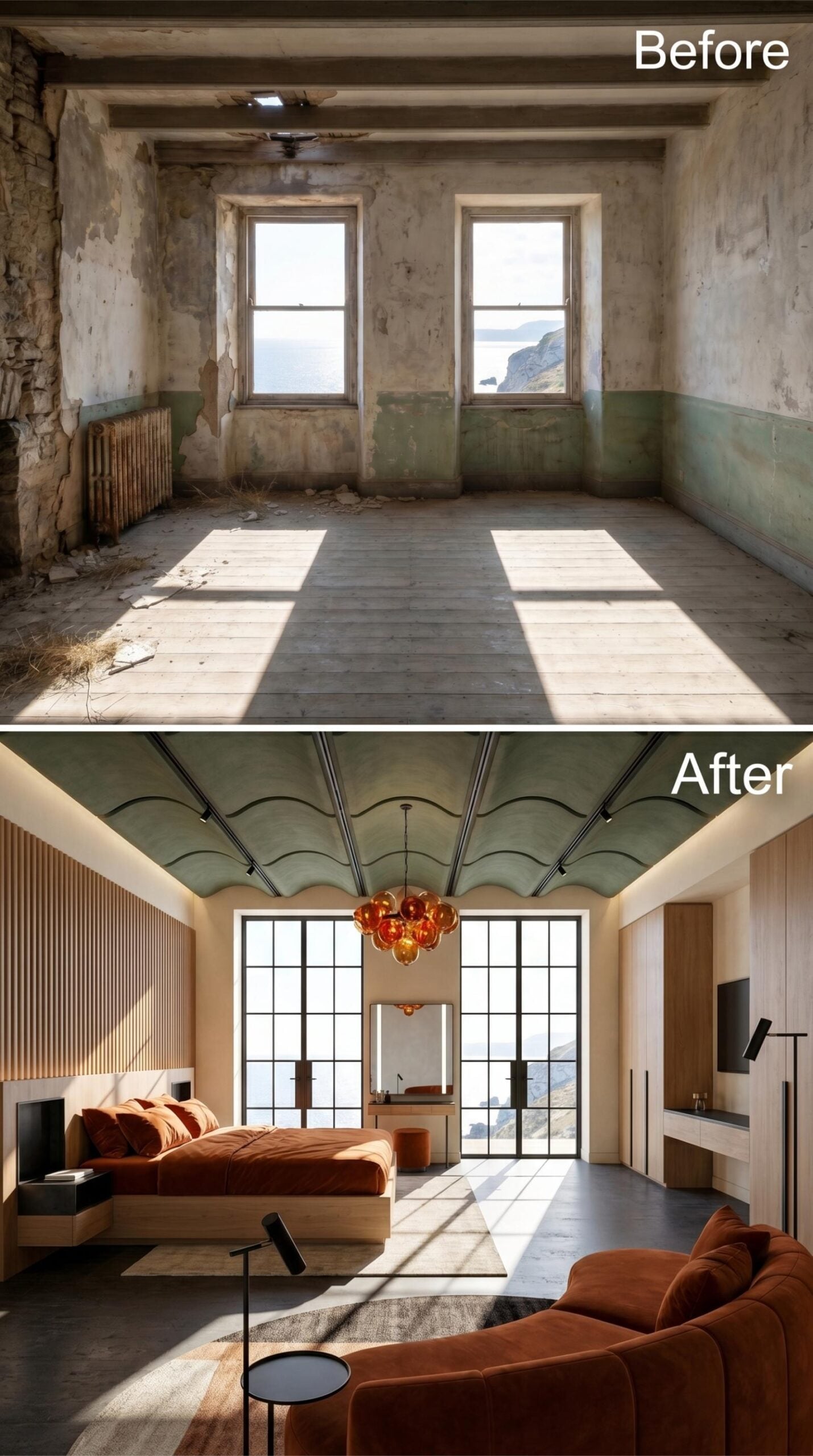 Scalloped Vault Ceiling, Amber Globe Chandelier, and Rust Velvet Earning Its Place