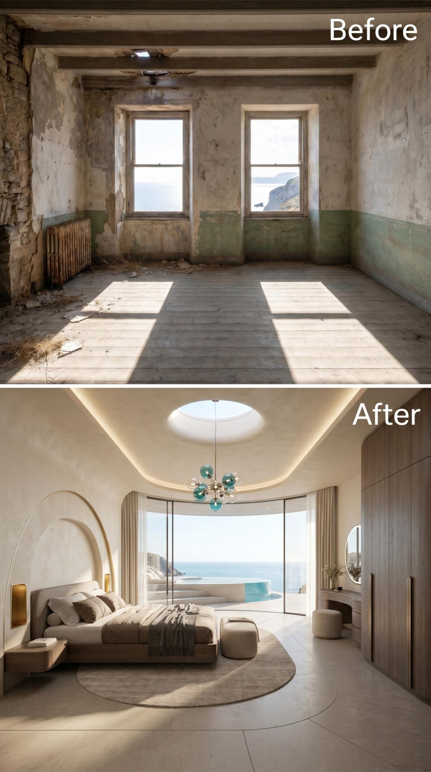 Skylight Oculus, Teal Globe Chandelier, and Curved Glass Where the Cliff Finally Gets Its Due