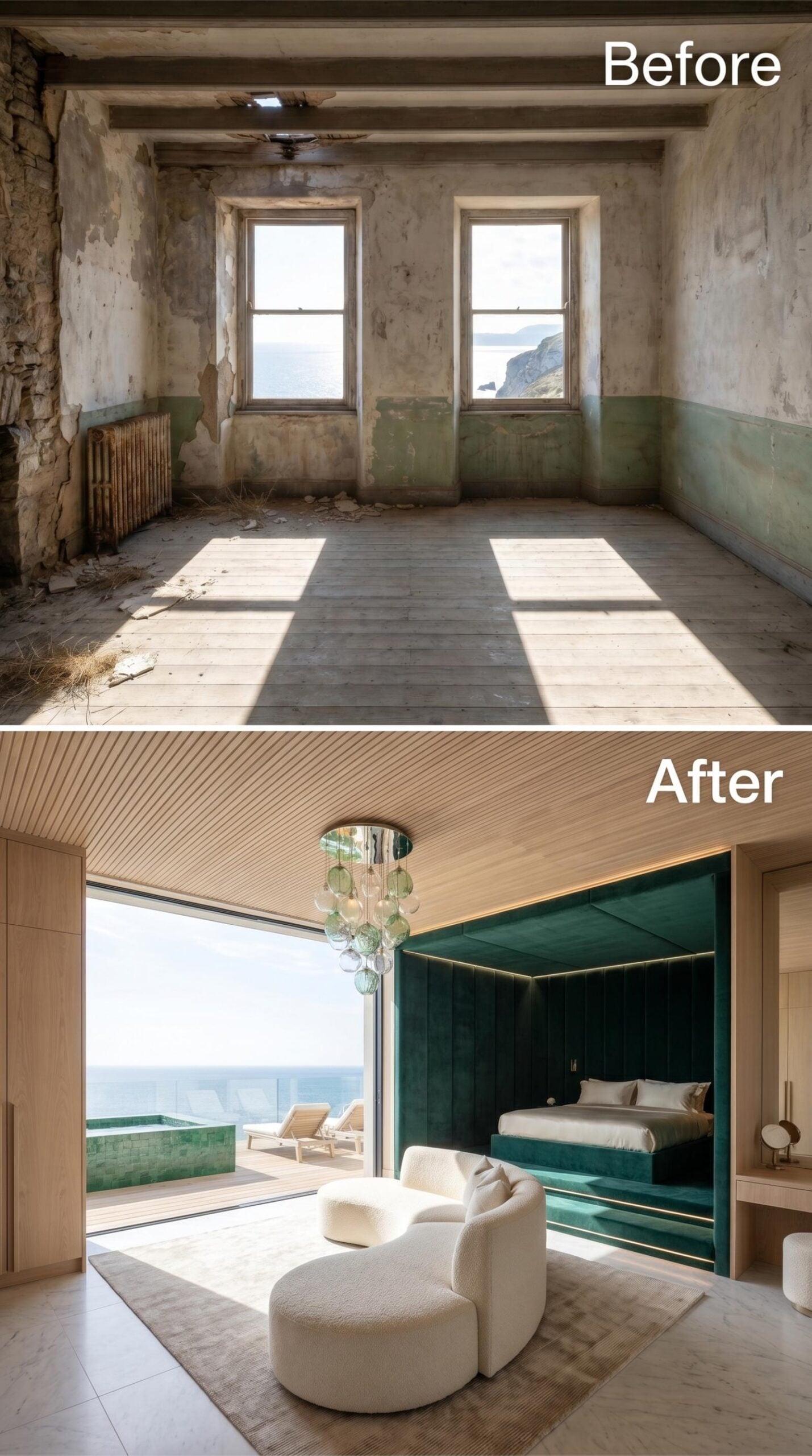 Slatted Ceiling, Velvet Alcove, and an Ocean View Doing Exactly What You'd Hope