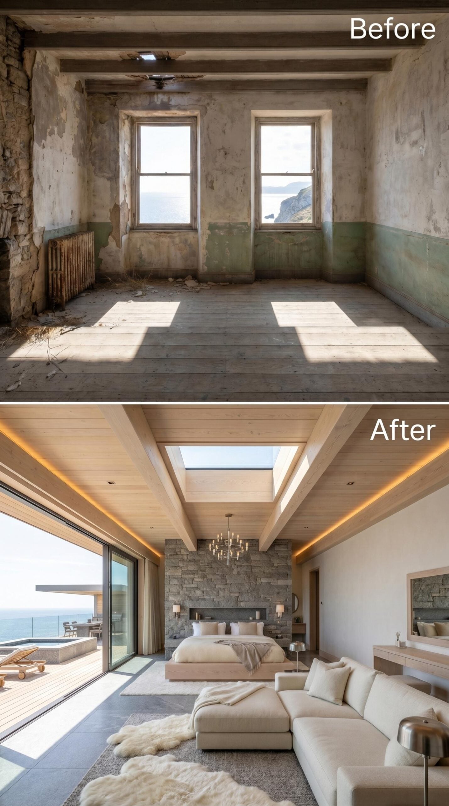 Stone Wall, Skylight Beam, and a Bedroom That Opens Straight to the Water