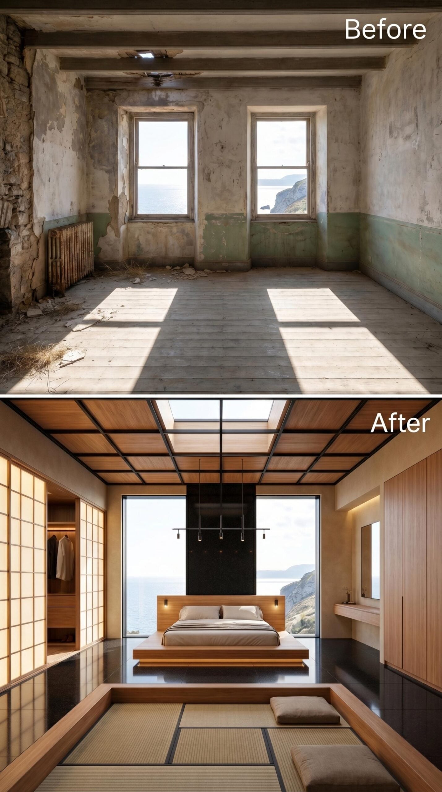 Tatami Floor, Floating Platform Bed, and Shoji Screens Framing an Ocean Cliff