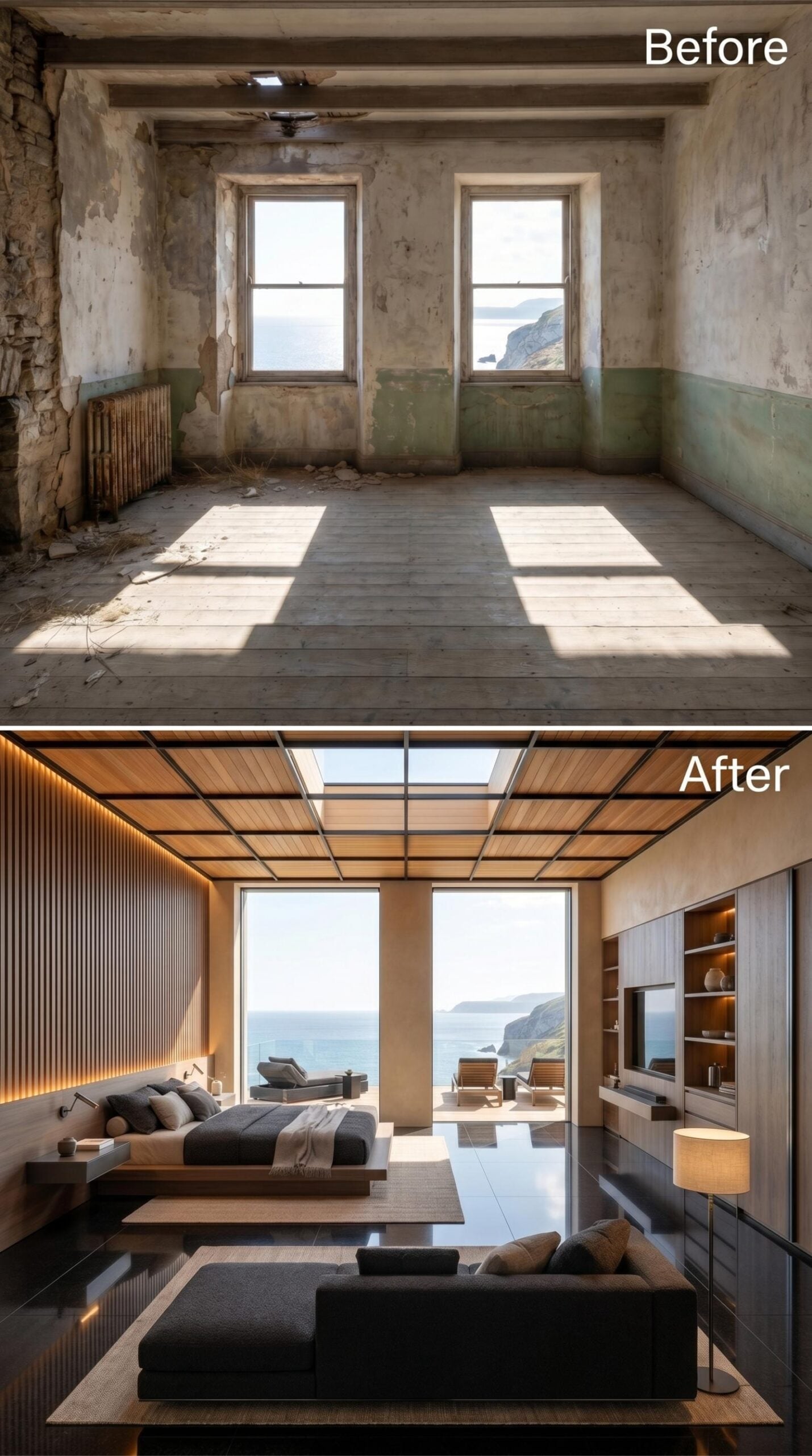 Warm Cedar Ceiling Grid, Ocean Glass, and a Bedroom That Doesn't Need to Try