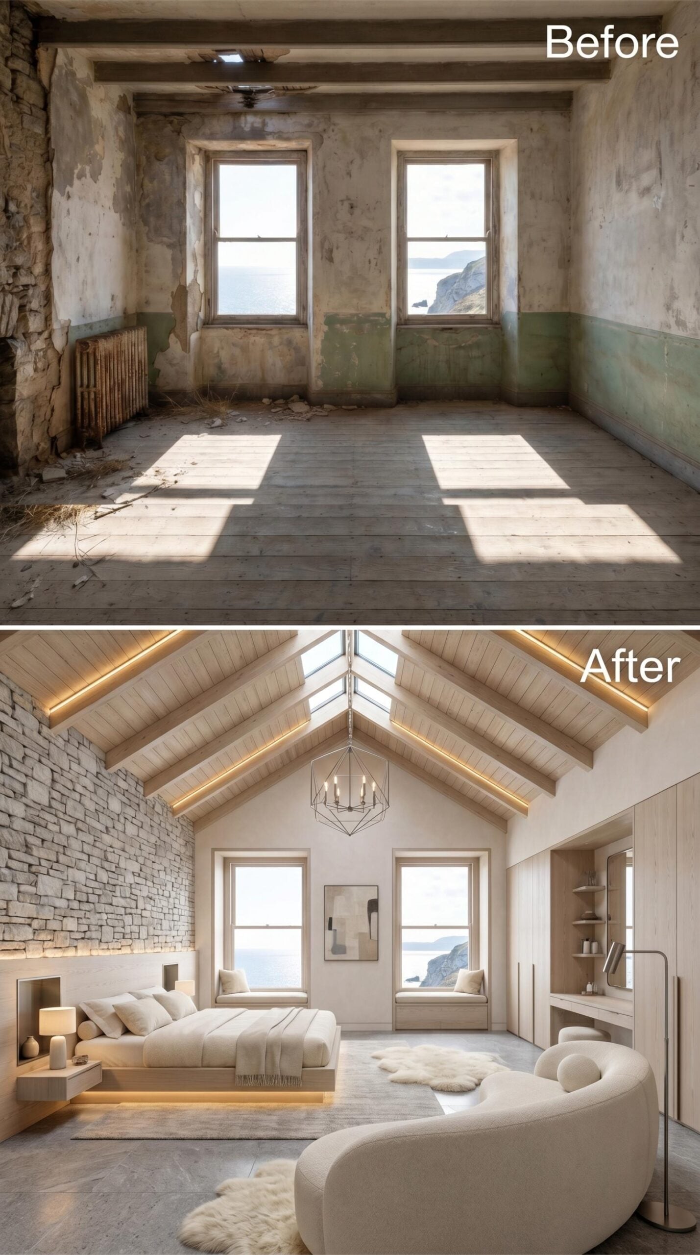 Whitewashed Rafters, Skylights, and a Stone Wall That Earned Its Place