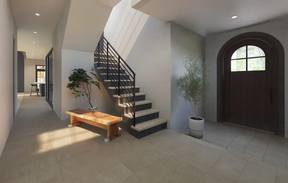 Arched Entry Door, Raw Wood Bench, and Stairs That Mean Business