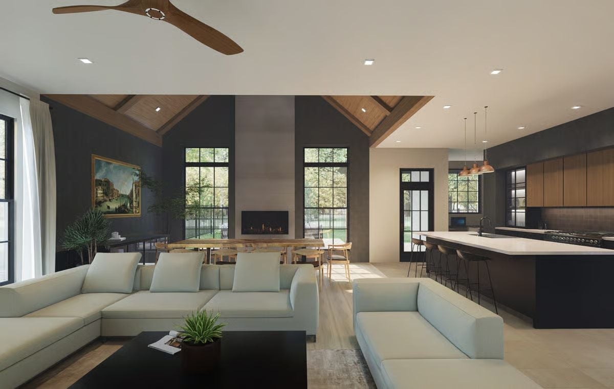 Vaulted Ceilings, Dark Walls, and a Kitchen Island That Earns Its Footprint