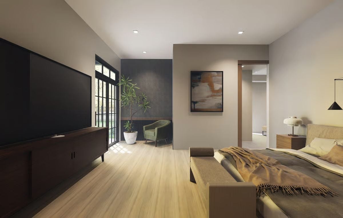 Warm Neutrals, a Walk-In Beyond the Wall, and a TV Console That Stays Grounded