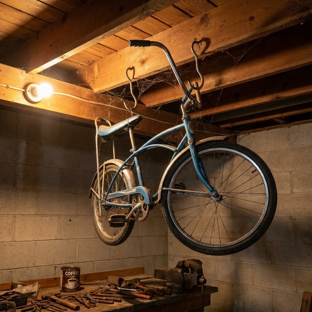 The Bicycle Hanging from the Ceiling Joists on Two Bent Hooks