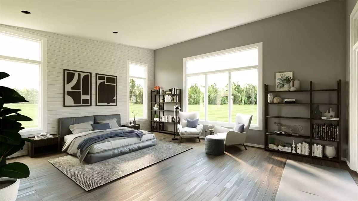 Gray Leather Headboard and Shiplap Wall Set a Quiet, Confident Tone