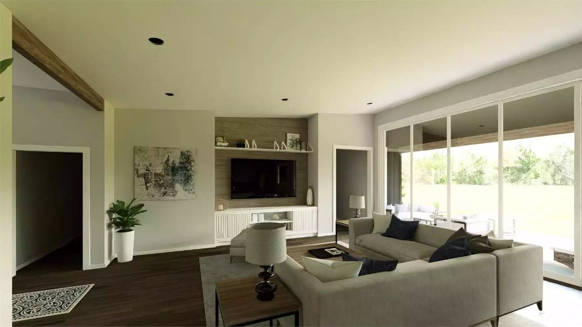 Warm Neutrals and a Built-In Media Wall Give This Living Room Its Backbone