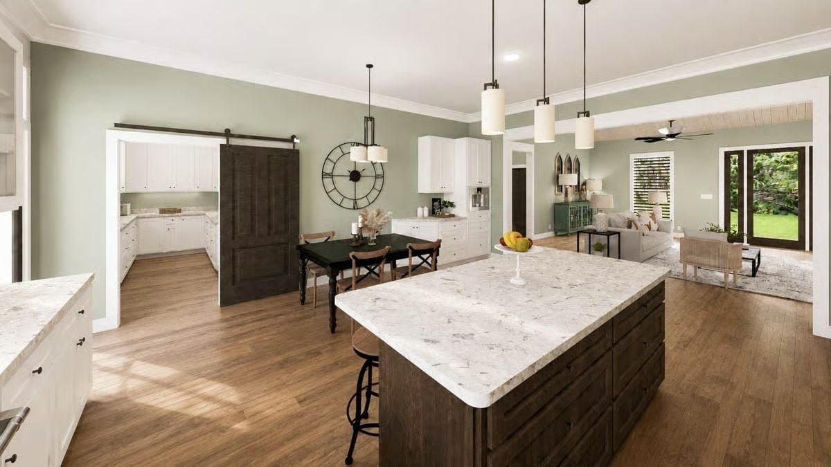 Marble Island, Barn Door, Open Plan Done Right
