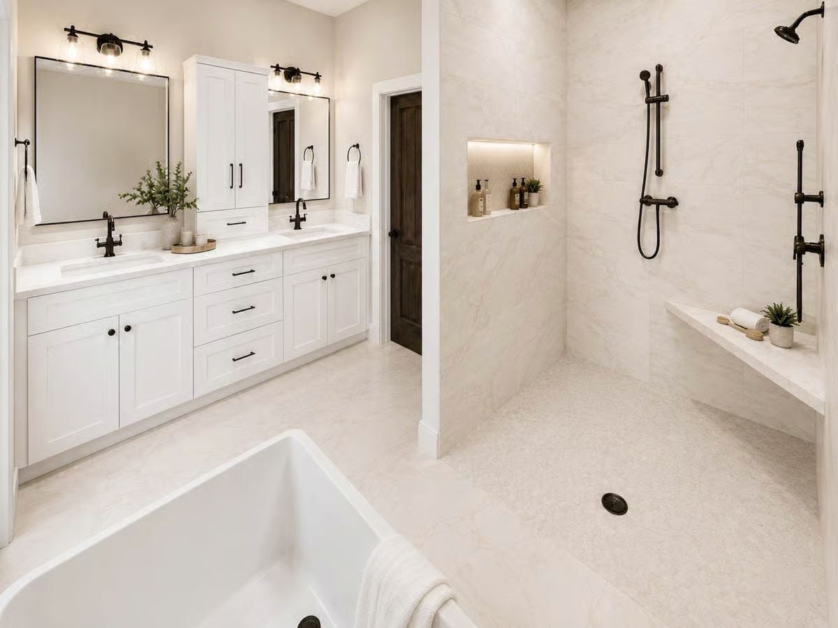 Marble Shower With a Built-In Bench and No Door to Fuss With